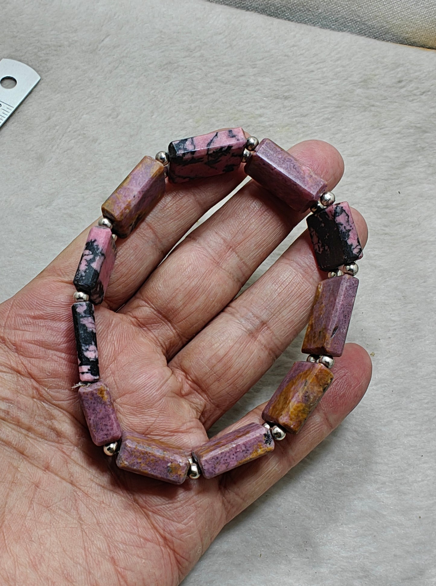 Natural rhodonite bracelet, elastic stretch fit. 9 inch length