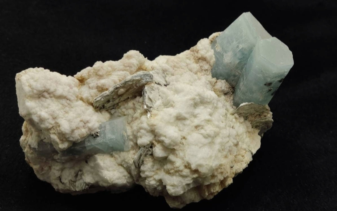 Aesthetic specimen of Aquamarine Crystals with associated tantalite on matrix of Albite, mica and some Schorl 1026 grams