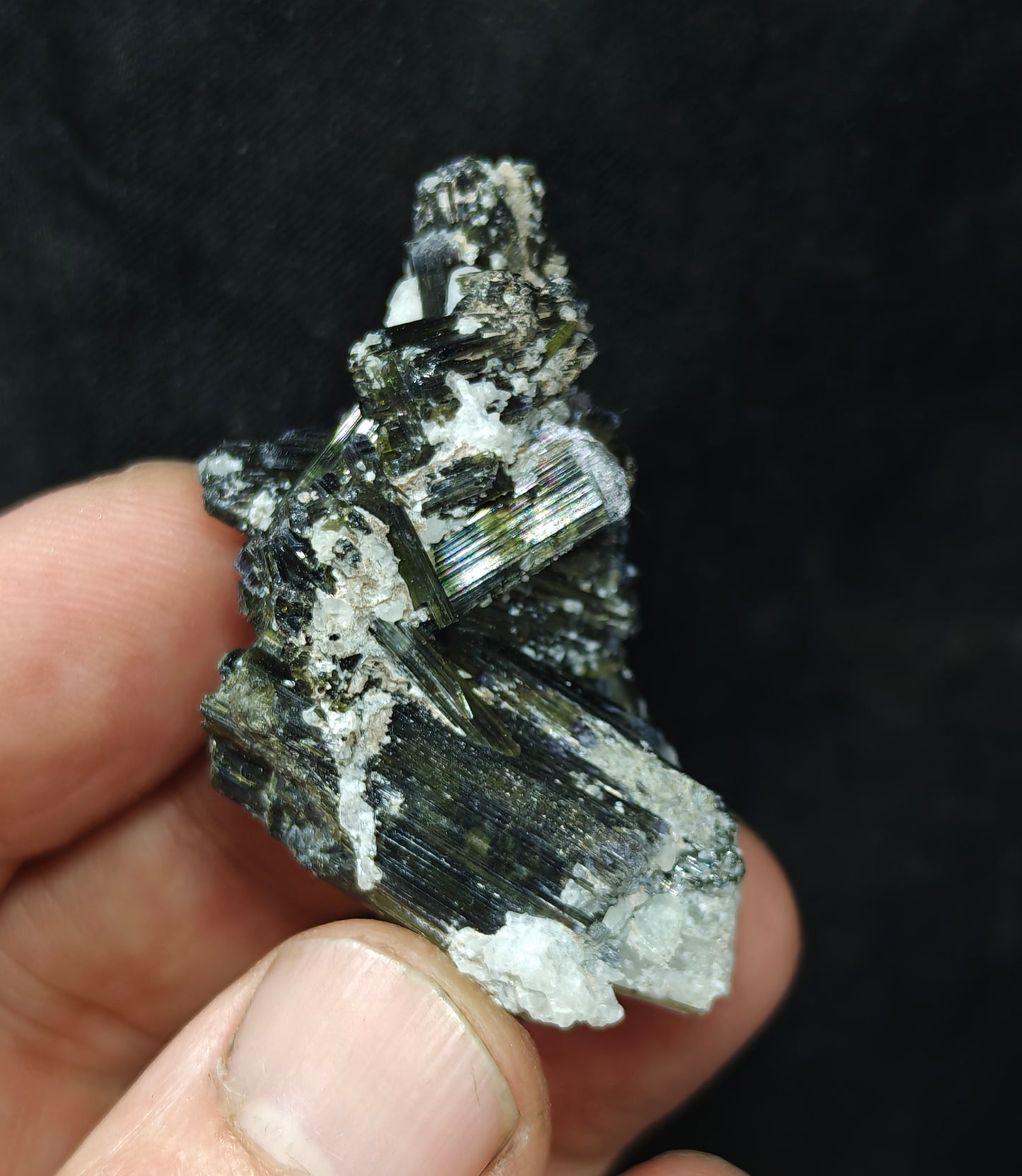 Dark green color Tourmaline crystals cluster with chatoyance effect 34 grams