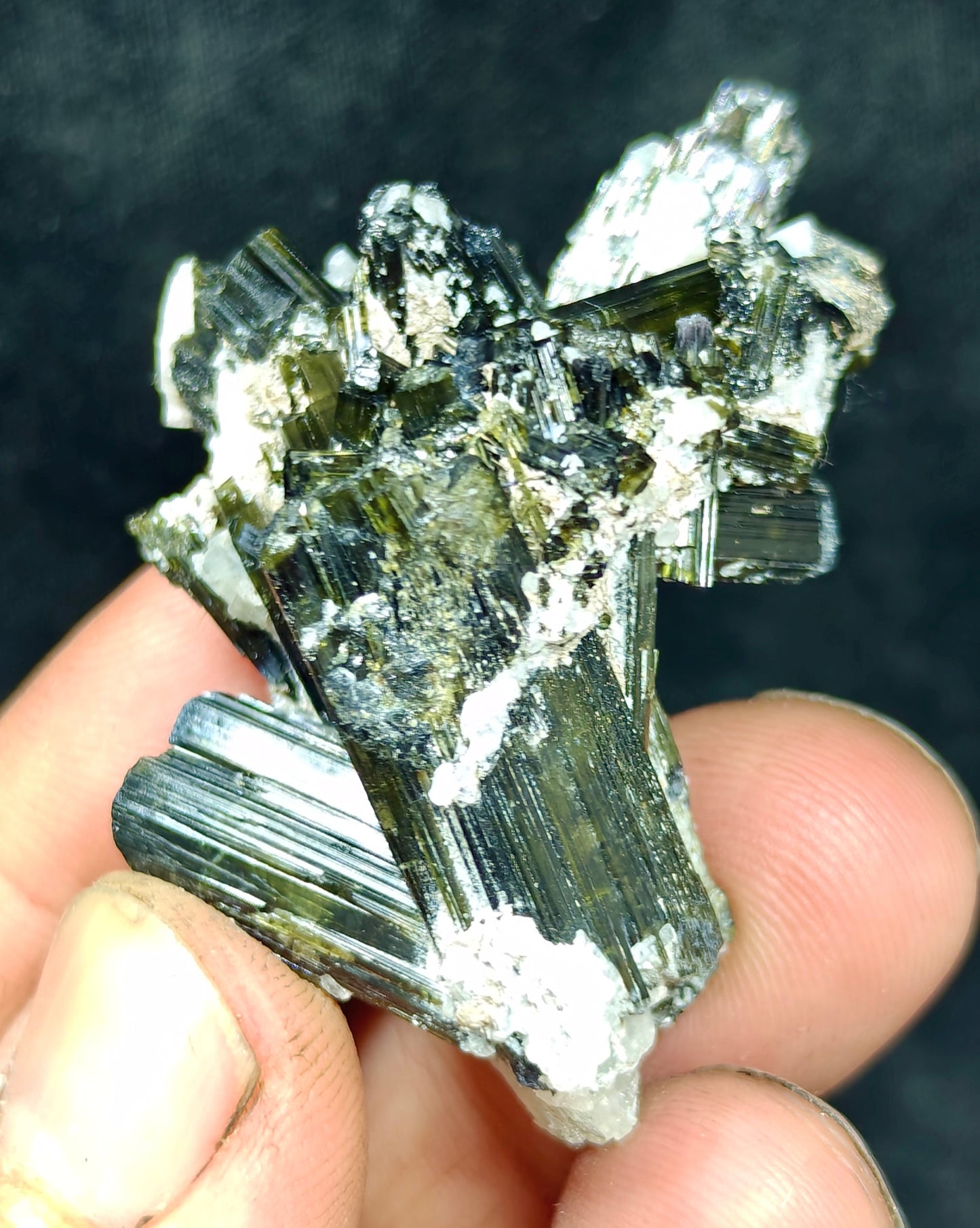 Dark green color Tourmaline crystals cluster with chatoyance effect 34 grams