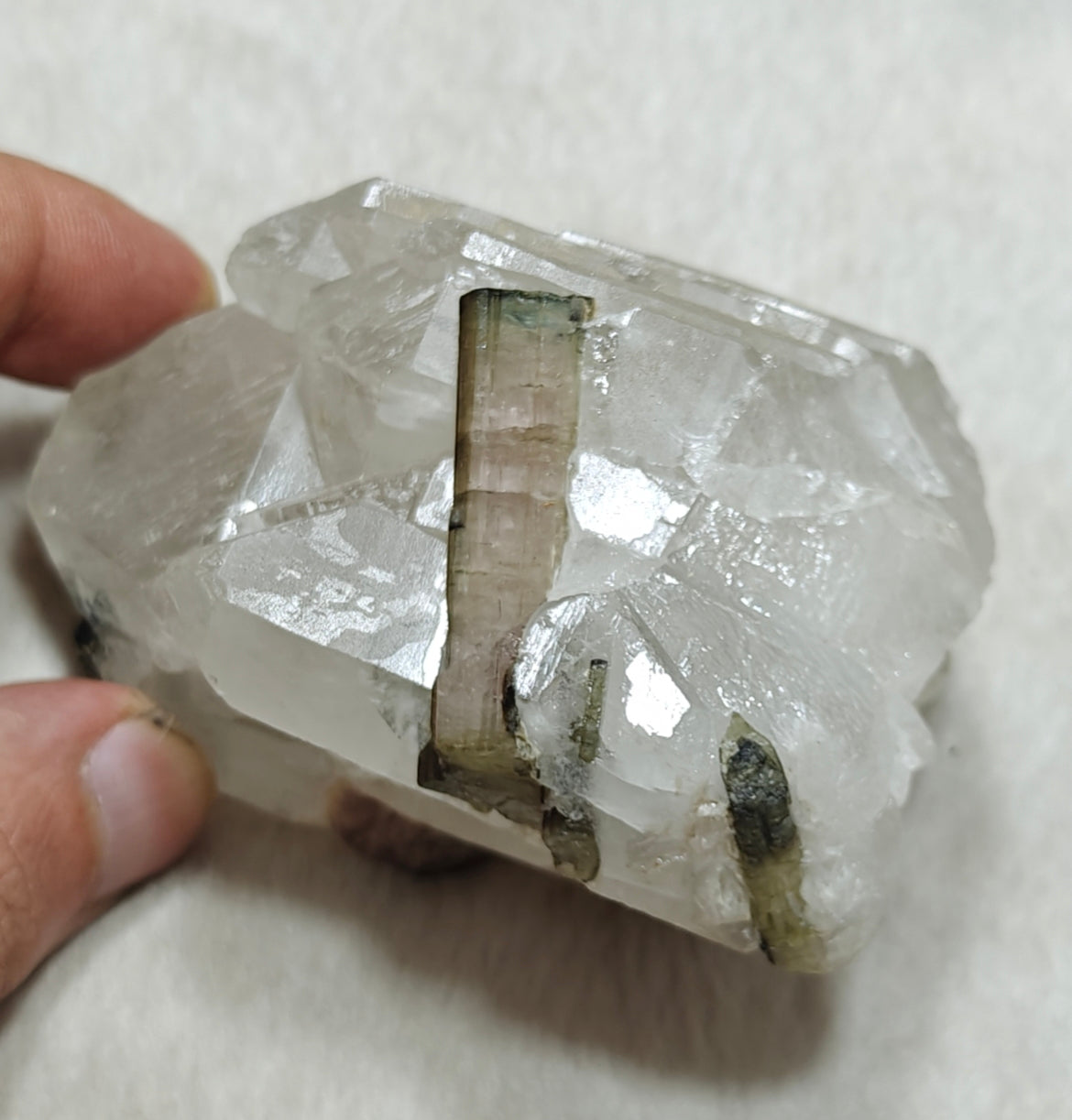 An amazing beautiful specimens of light pink and green Tourmaline embedded in terminated quartz 323g