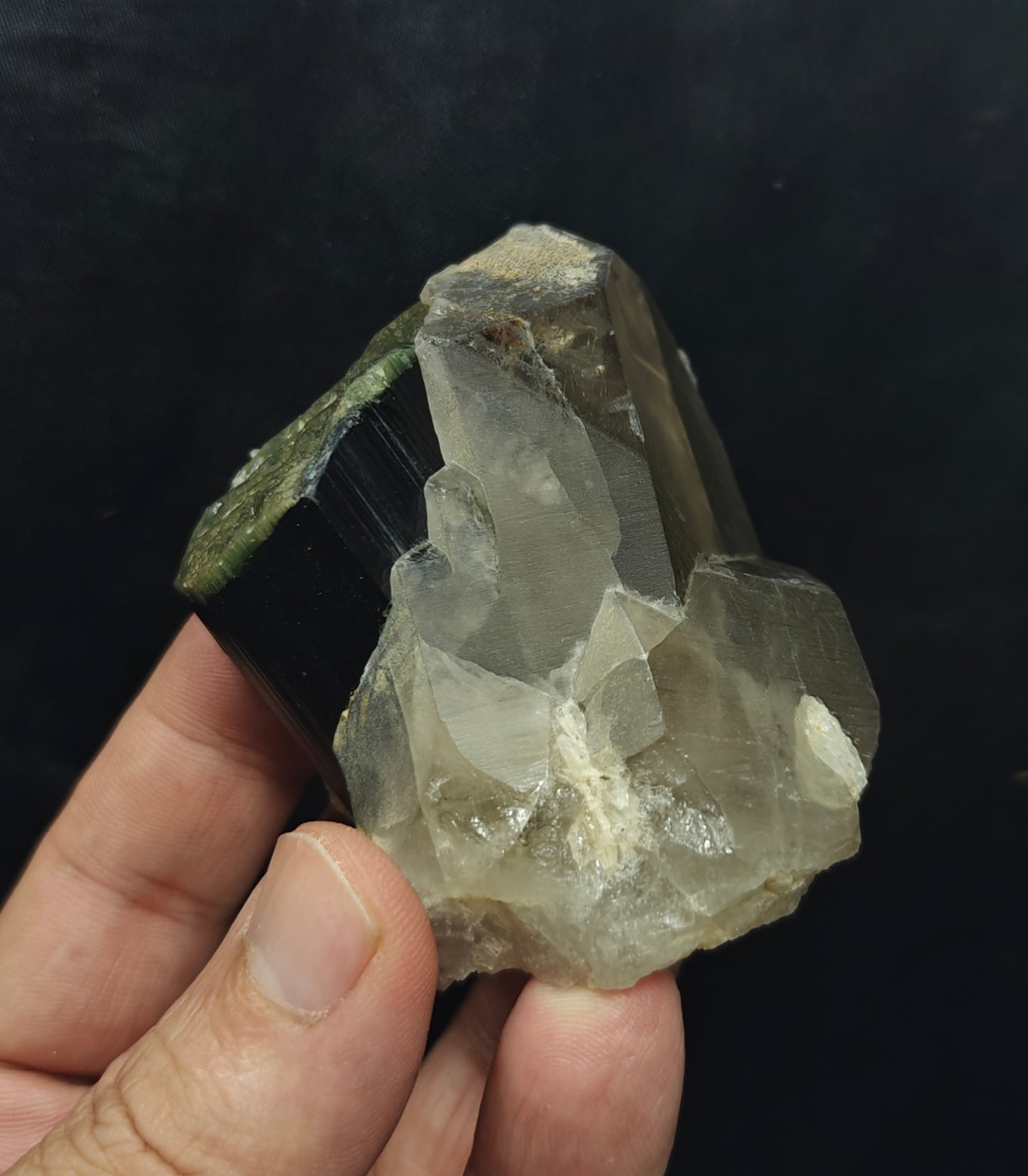 Natural greencap black/green Tourmaline crystal with smoky quartz 212 grams
