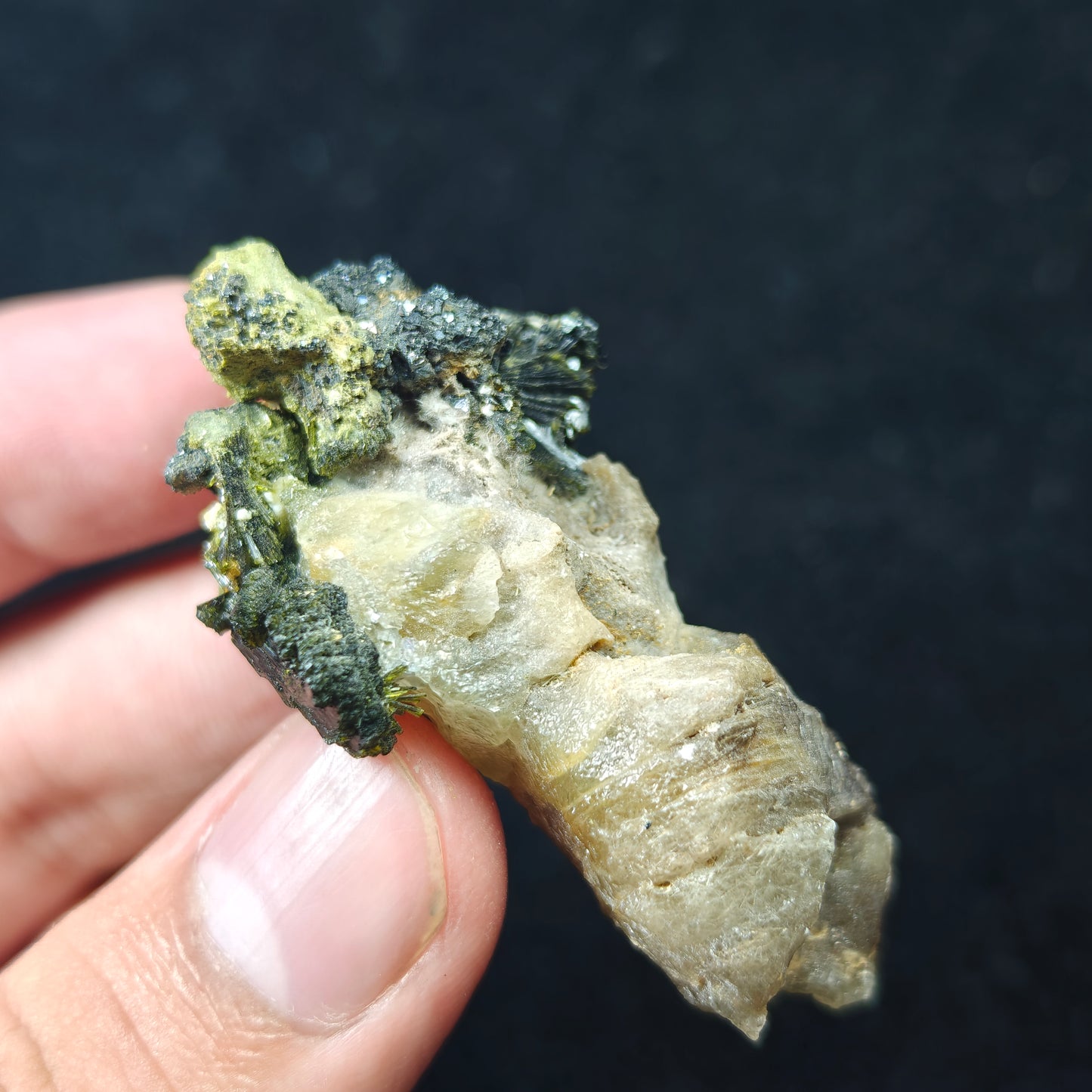 Natural epidote cluster on matrix of calcite 36 grams