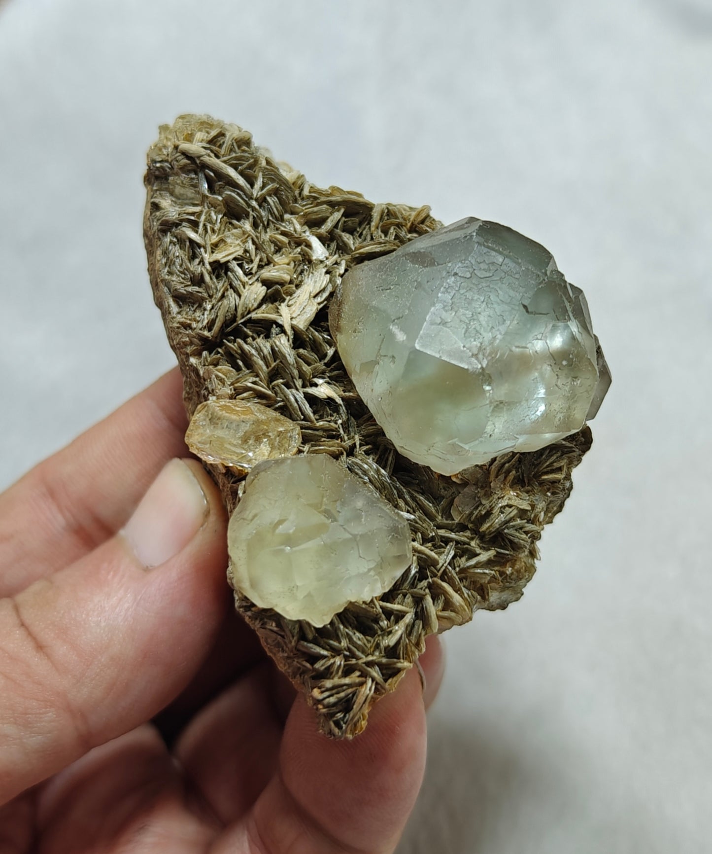 Double terminated Fluorite crystals on matrix with muscovite and goshenite 183 grams