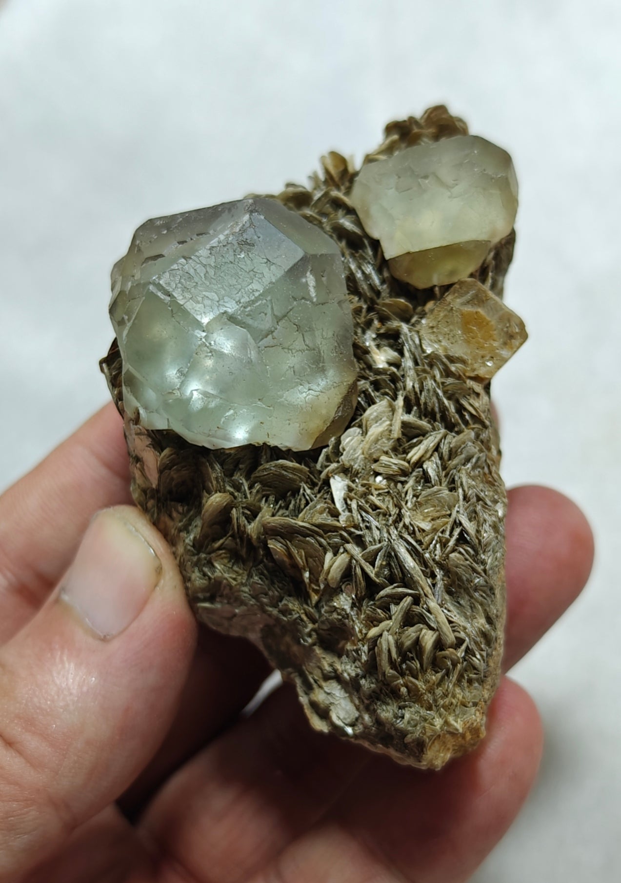 Double terminated Fluorite crystals on matrix with muscovite and goshenite 183 grams
