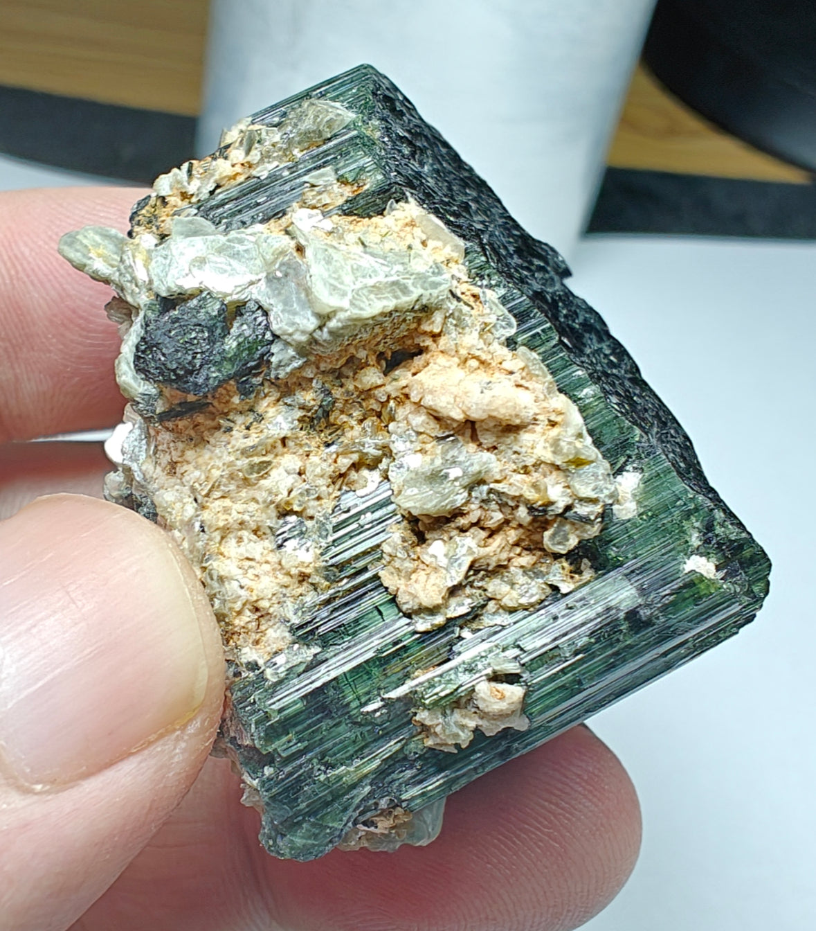 Natural Dark green color Tourmaline crystal having chatoyance effect amazing lustre 104 grams