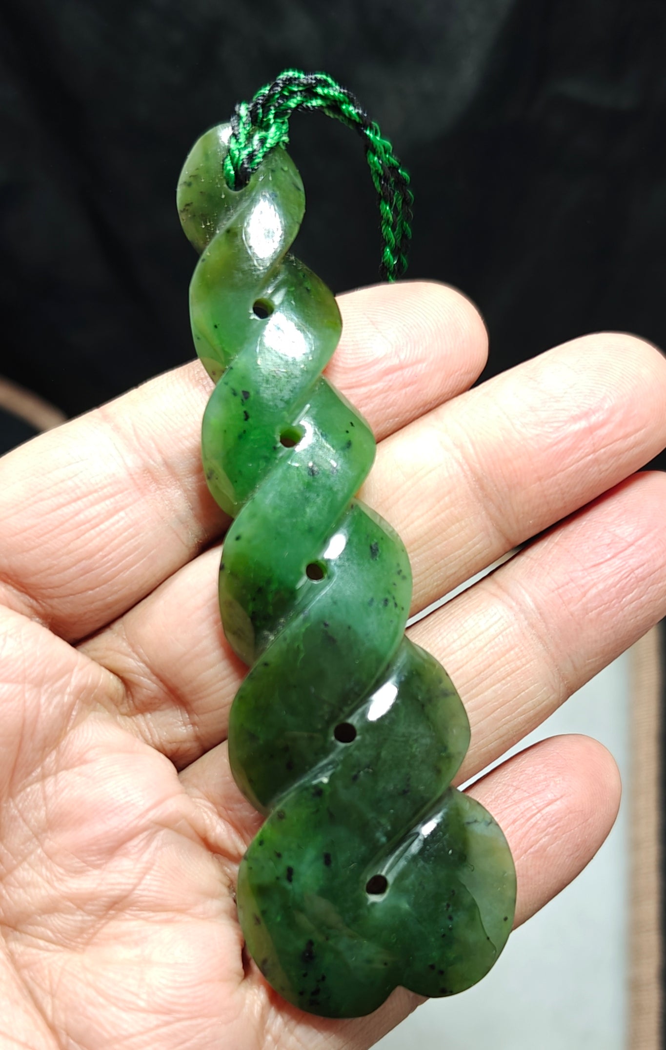 Hand carved infinity shape nephrite Jade pendant 10cm long