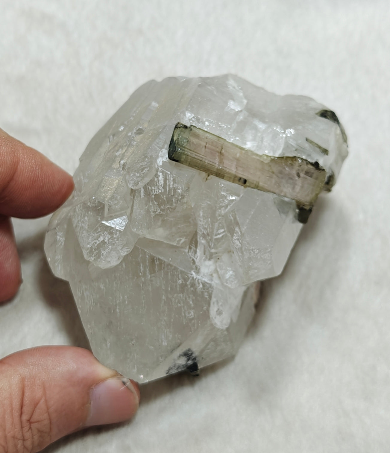 An amazing beautiful specimens of light pink and green Tourmaline embedded in terminated quartz 323g