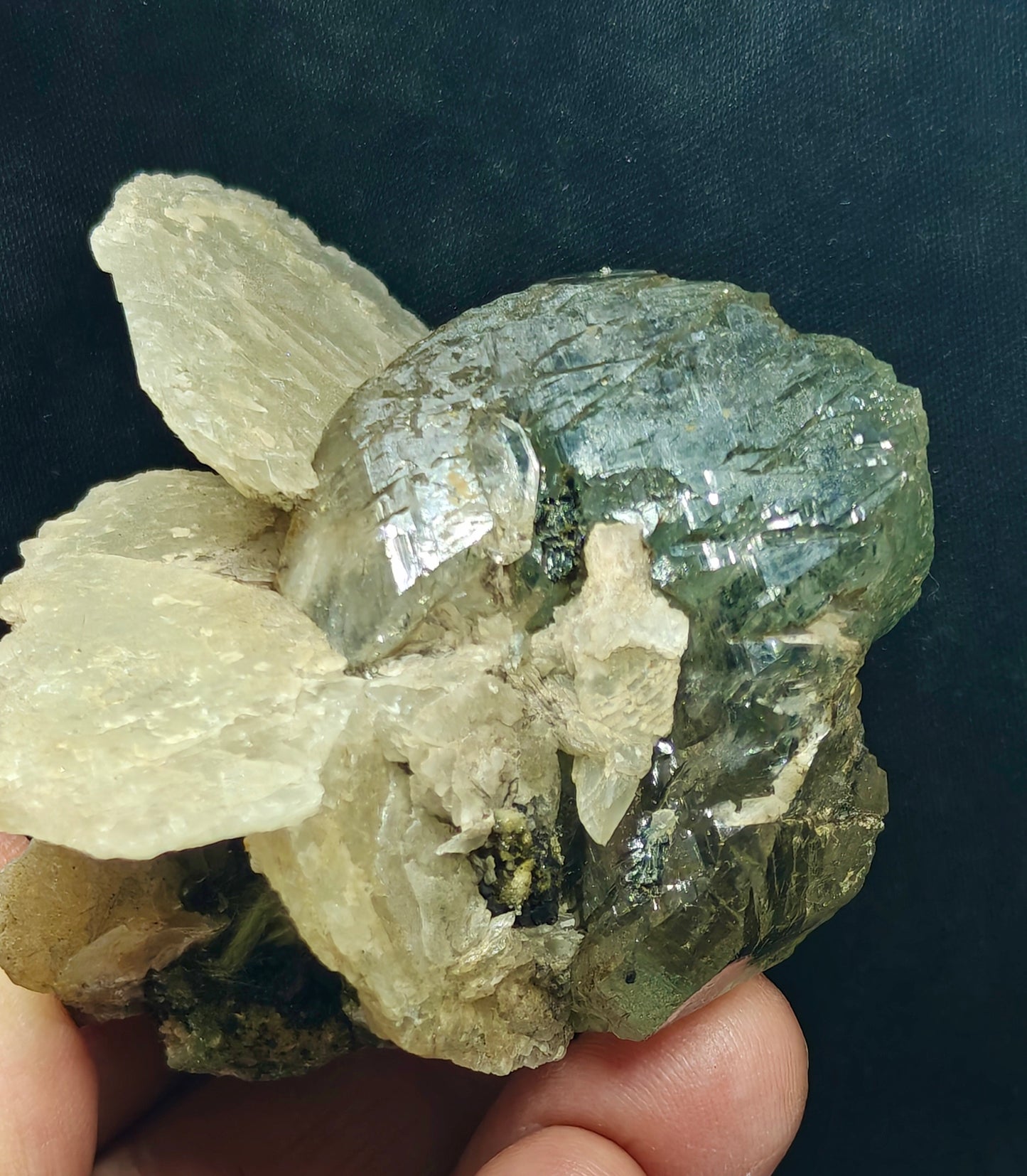 Terminated Etched Quartz crystal with calcite, Epidote and byss-olite 149 grams