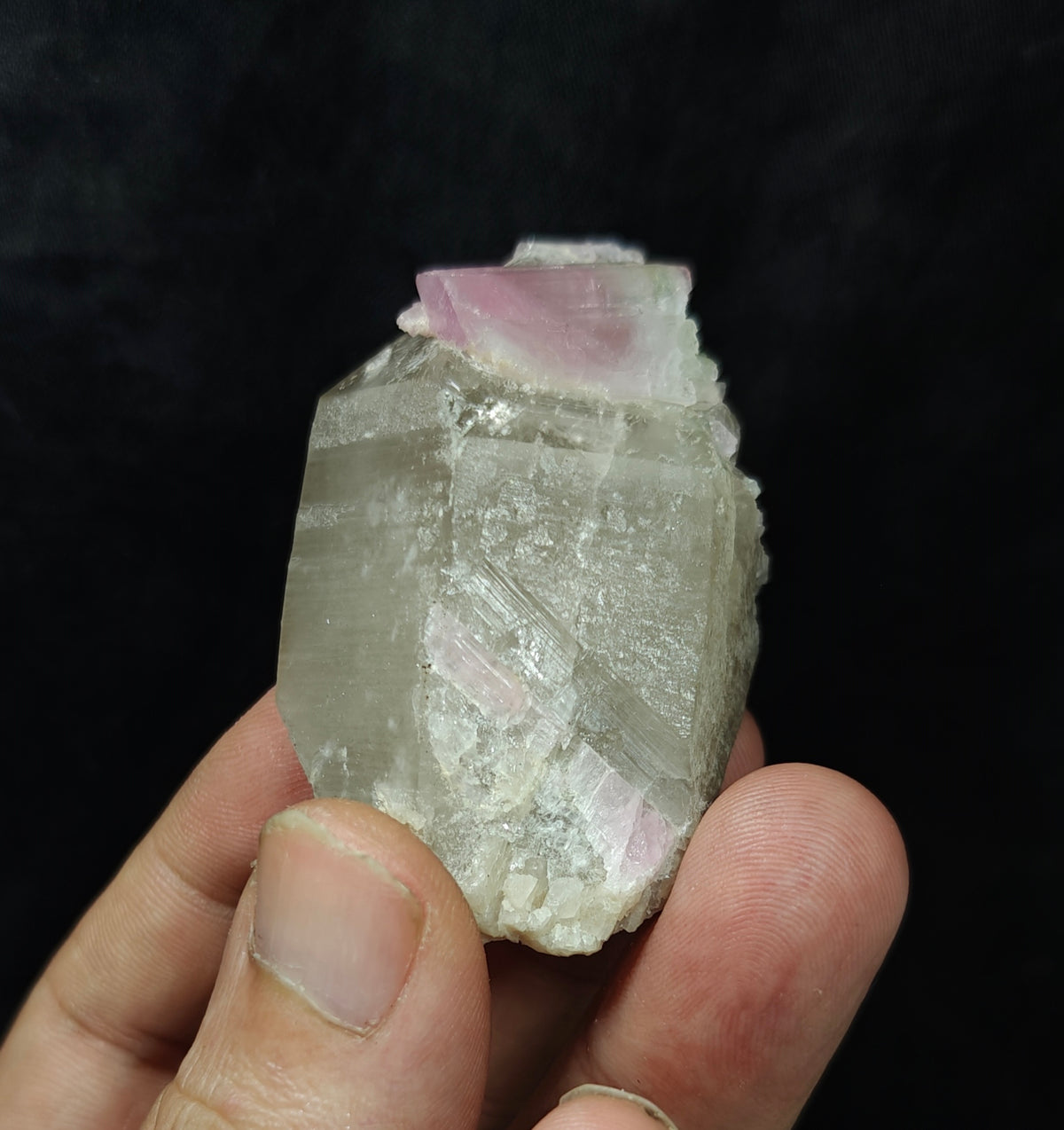 Pink Tourmaline crystal on smoky quartz 80g
