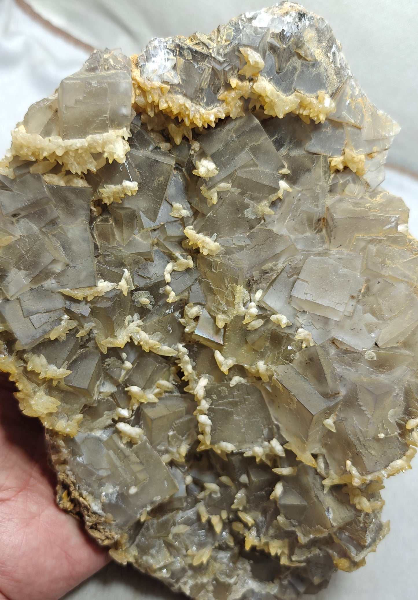 Beautiful Grey Color Fluorite plate with Dogteeth calcite crystals 1580 grams