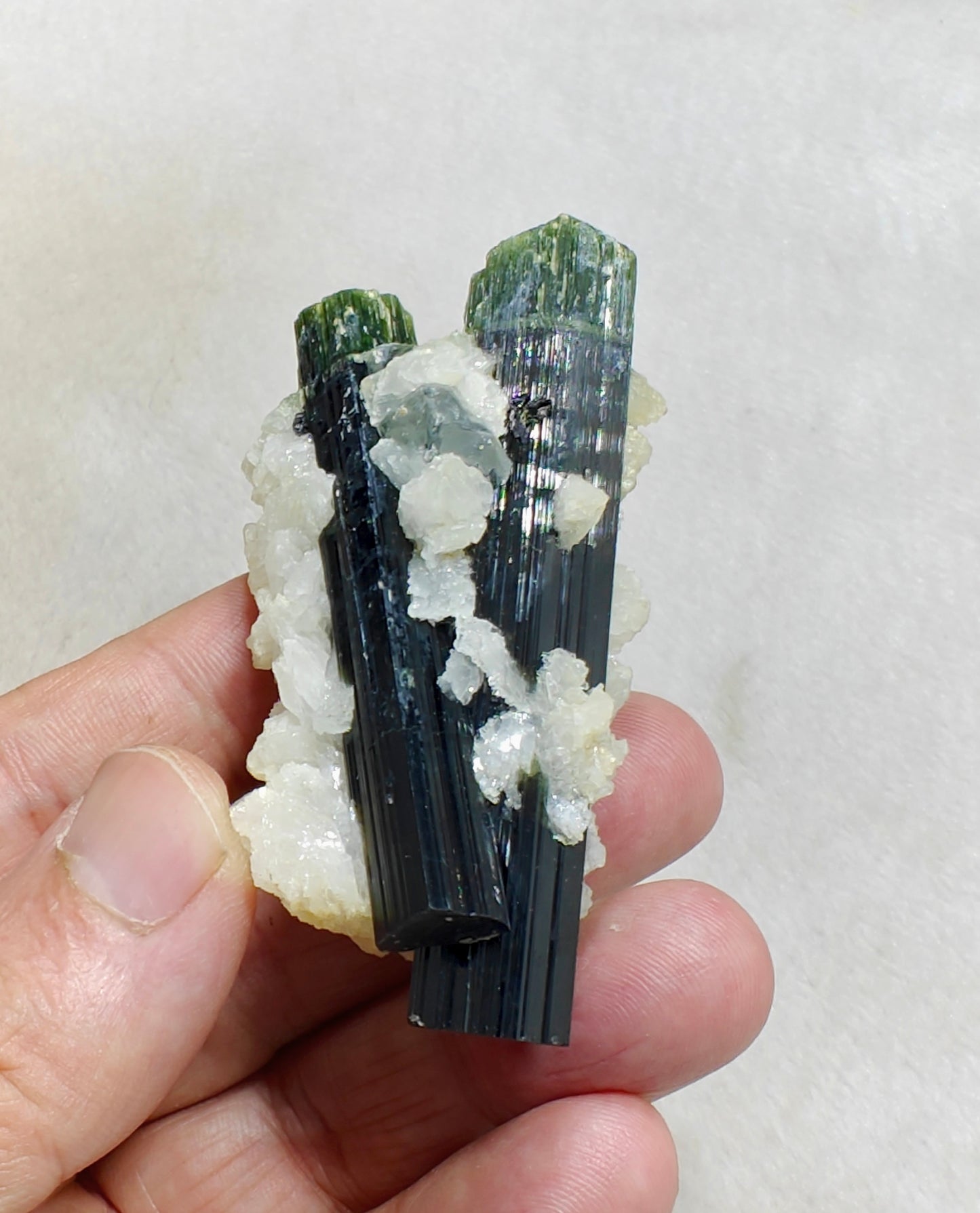 Perfectly terminated specimen of green cap Tourmalines crystals with associated albite 94 grams