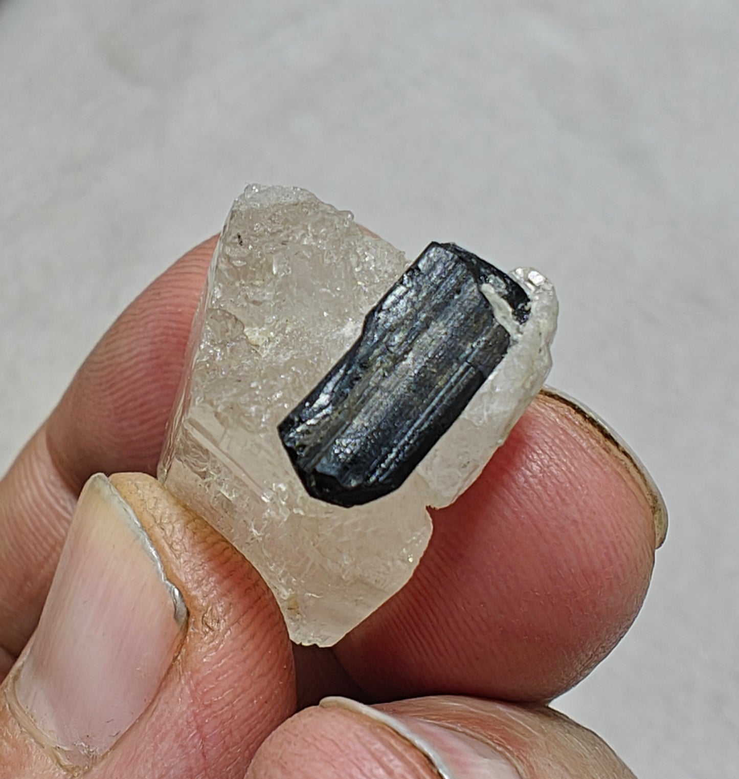 Natural terminated topaz crystal with black tourmaline 17 grams