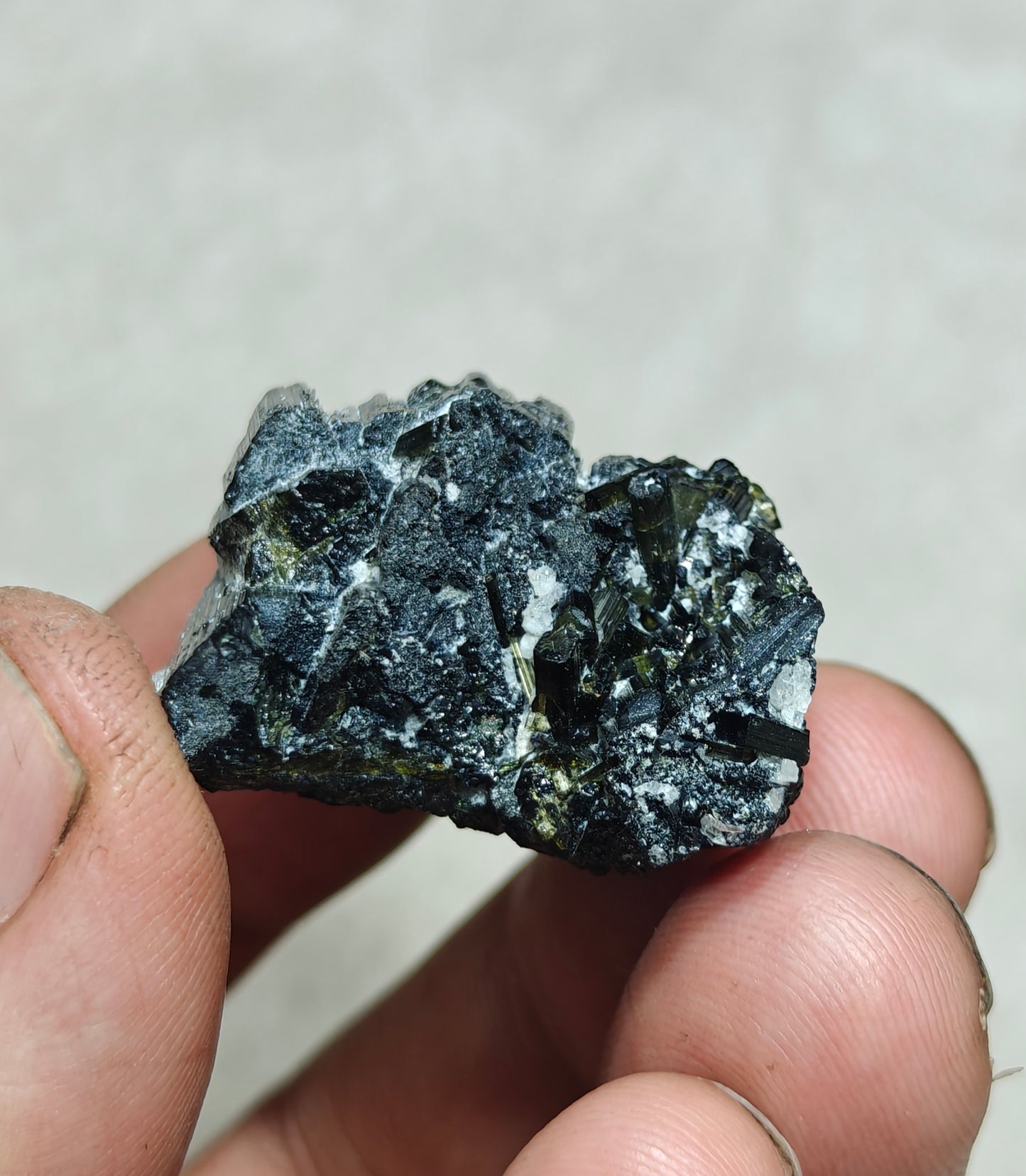 Dark green color Tourmaline crystals cluster with chatoyance effect amazing lustre 27 grams