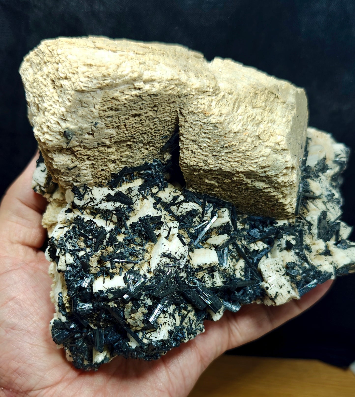 Etched feldspar with Black Tourmaline Crystal Cluster 880 grams