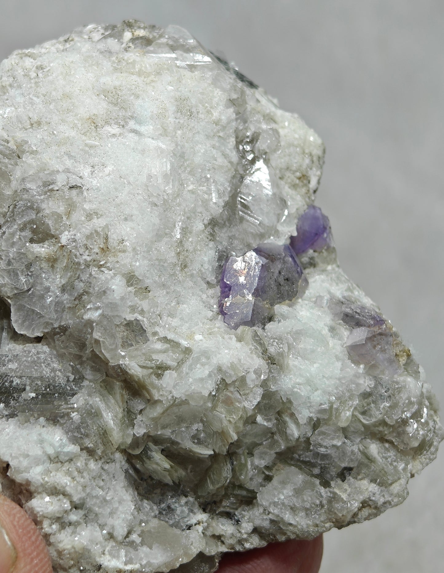 purple Apatite crystals on matrix with quartz and mica 127 grams