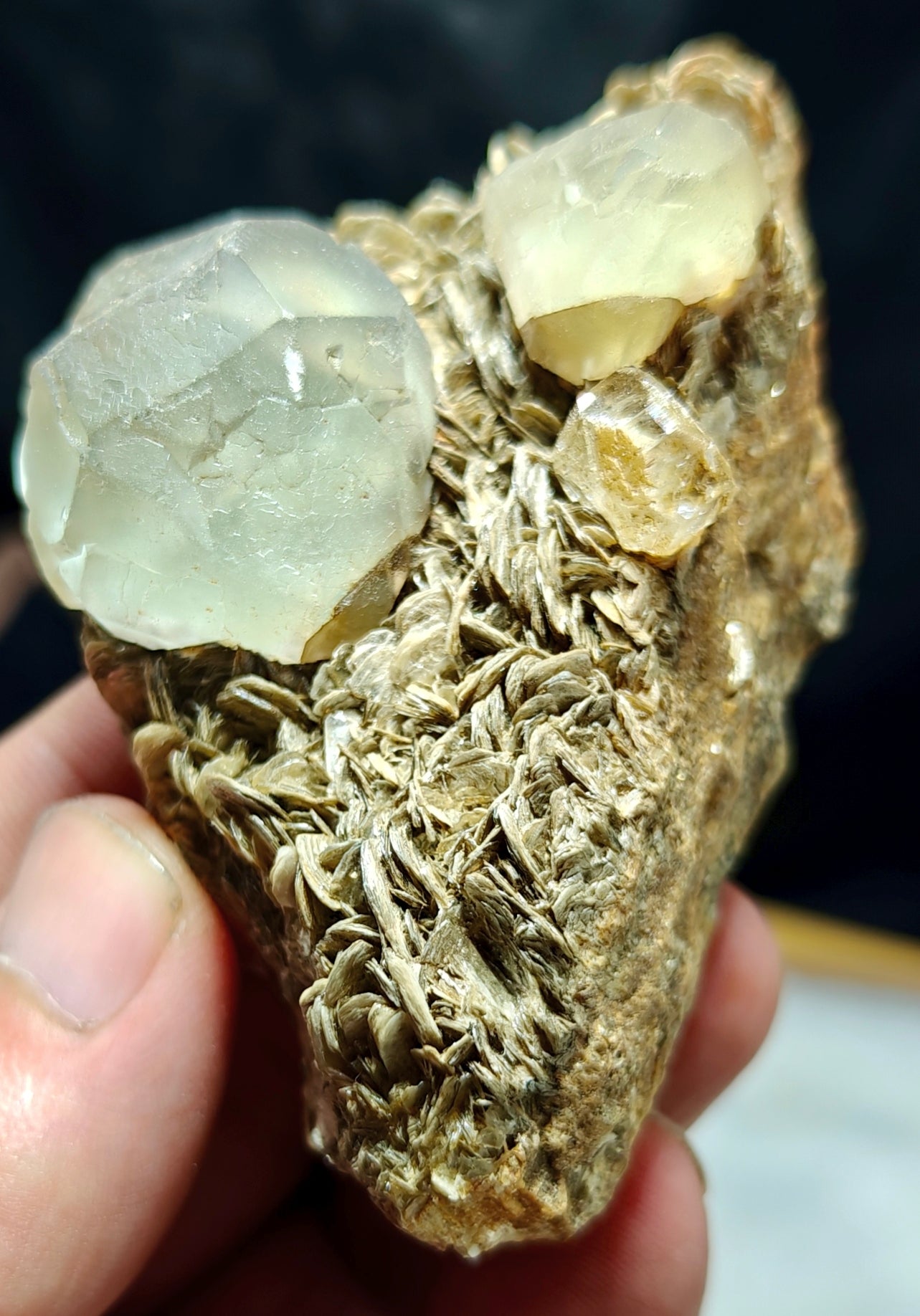 Double terminated Fluorite crystals on matrix with muscovite and goshenite 183 grams