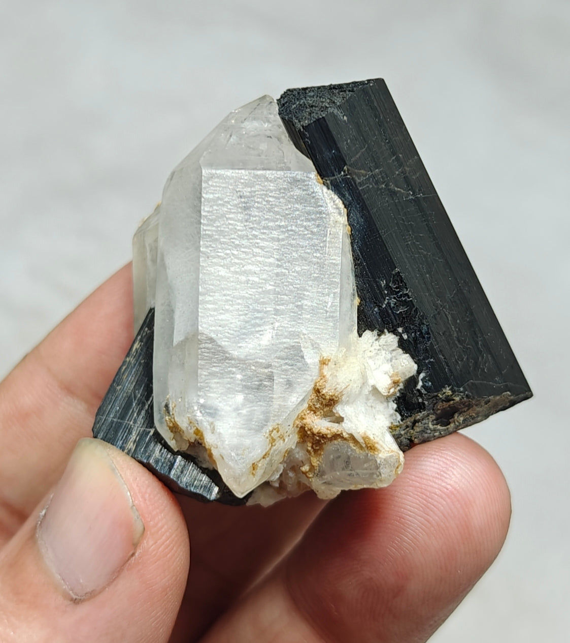 An Aesthetic Natural black Tourmaline crystal with terminated quartz crystals 85 grams