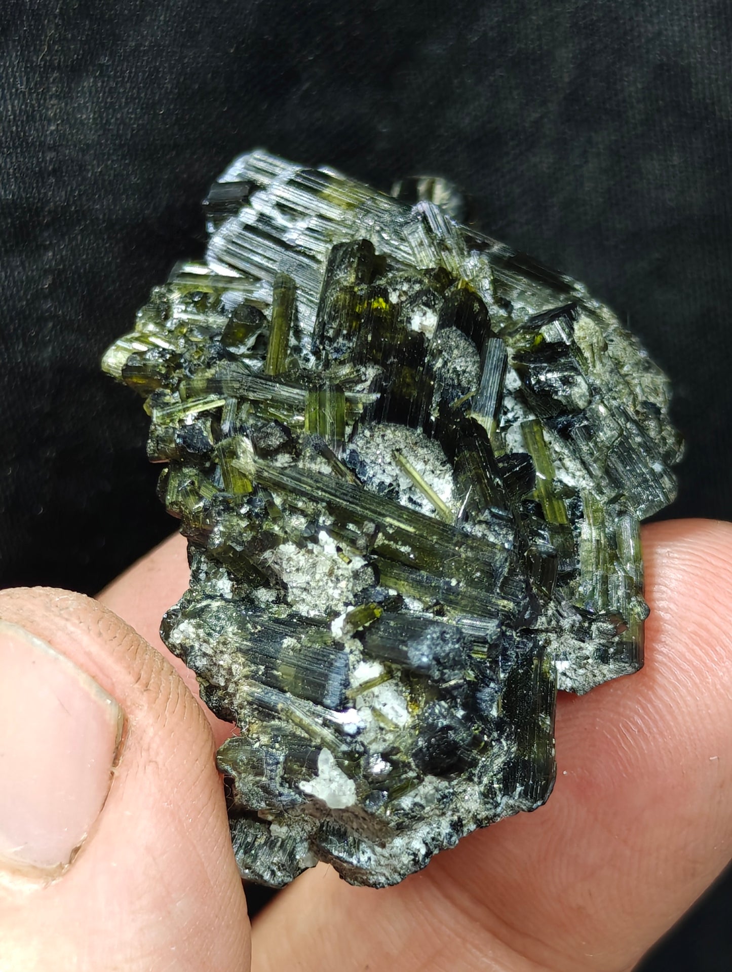 Dark green color Tourmaline crystals with chatoyance effect 35 grams