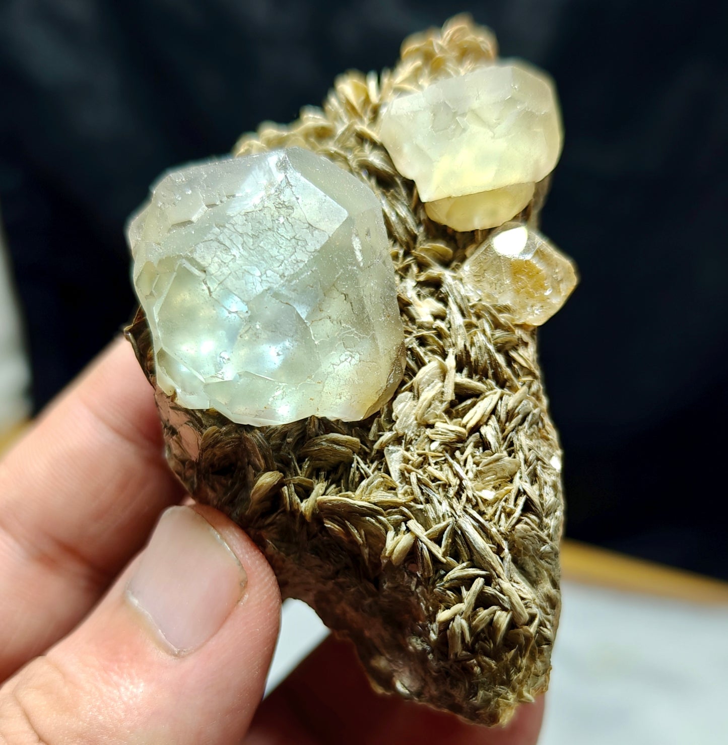 Double terminated Fluorite crystals on matrix with muscovite and goshenite 183 grams