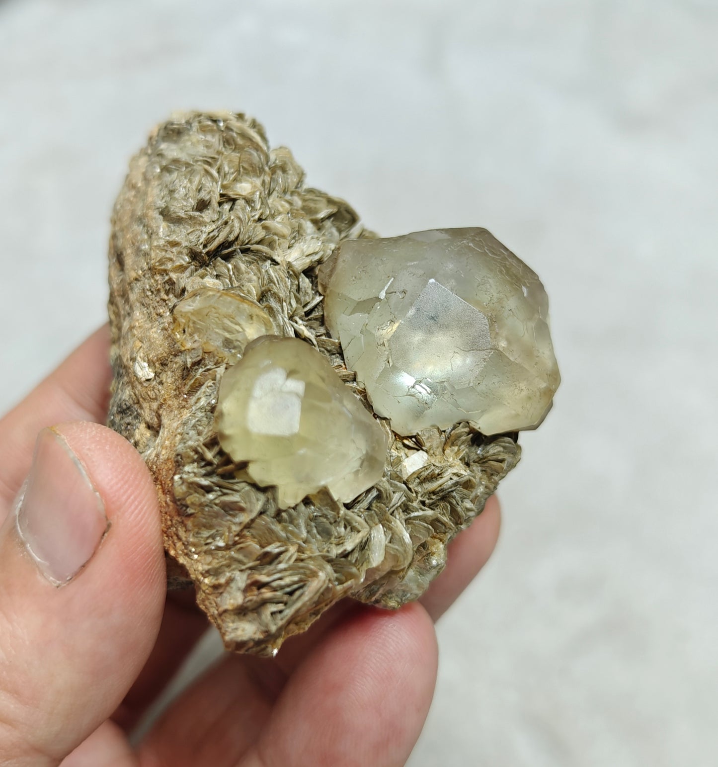 Double terminated Fluorite crystals on matrix with muscovite and goshenite 183 grams