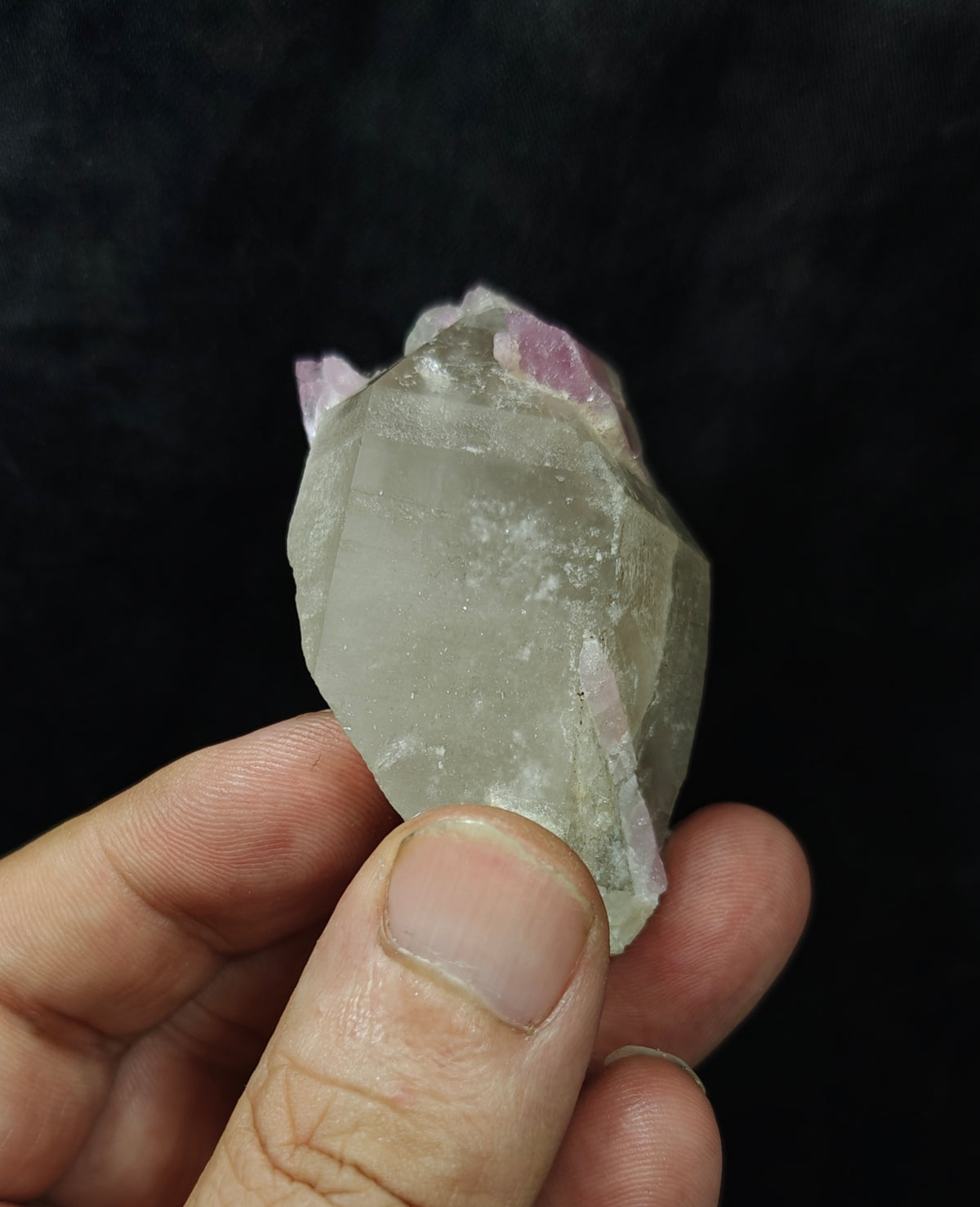 Pink Tourmaline crystal on smoky quartz 80g