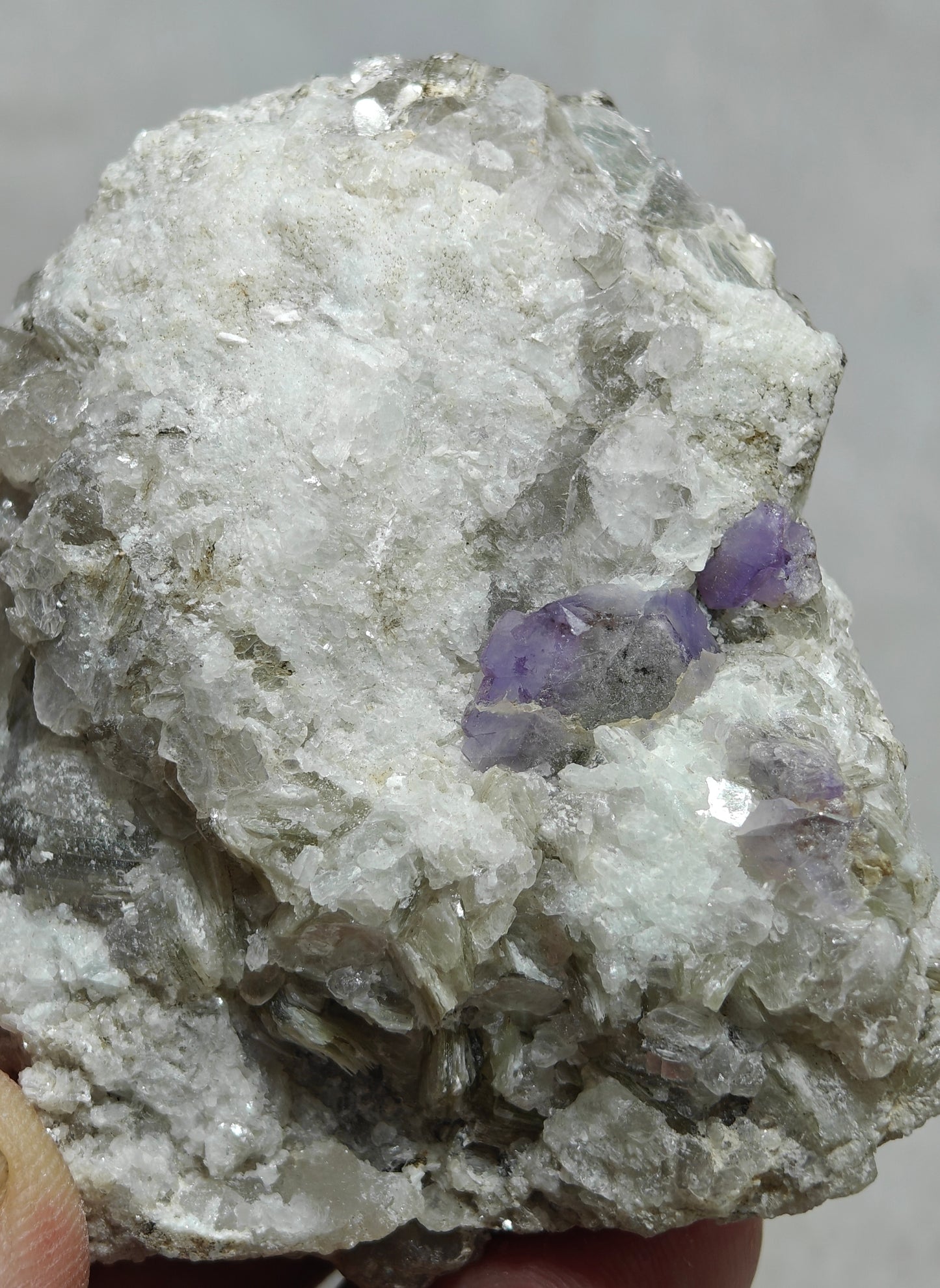 purple Apatite crystals on matrix with quartz and mica 127 grams