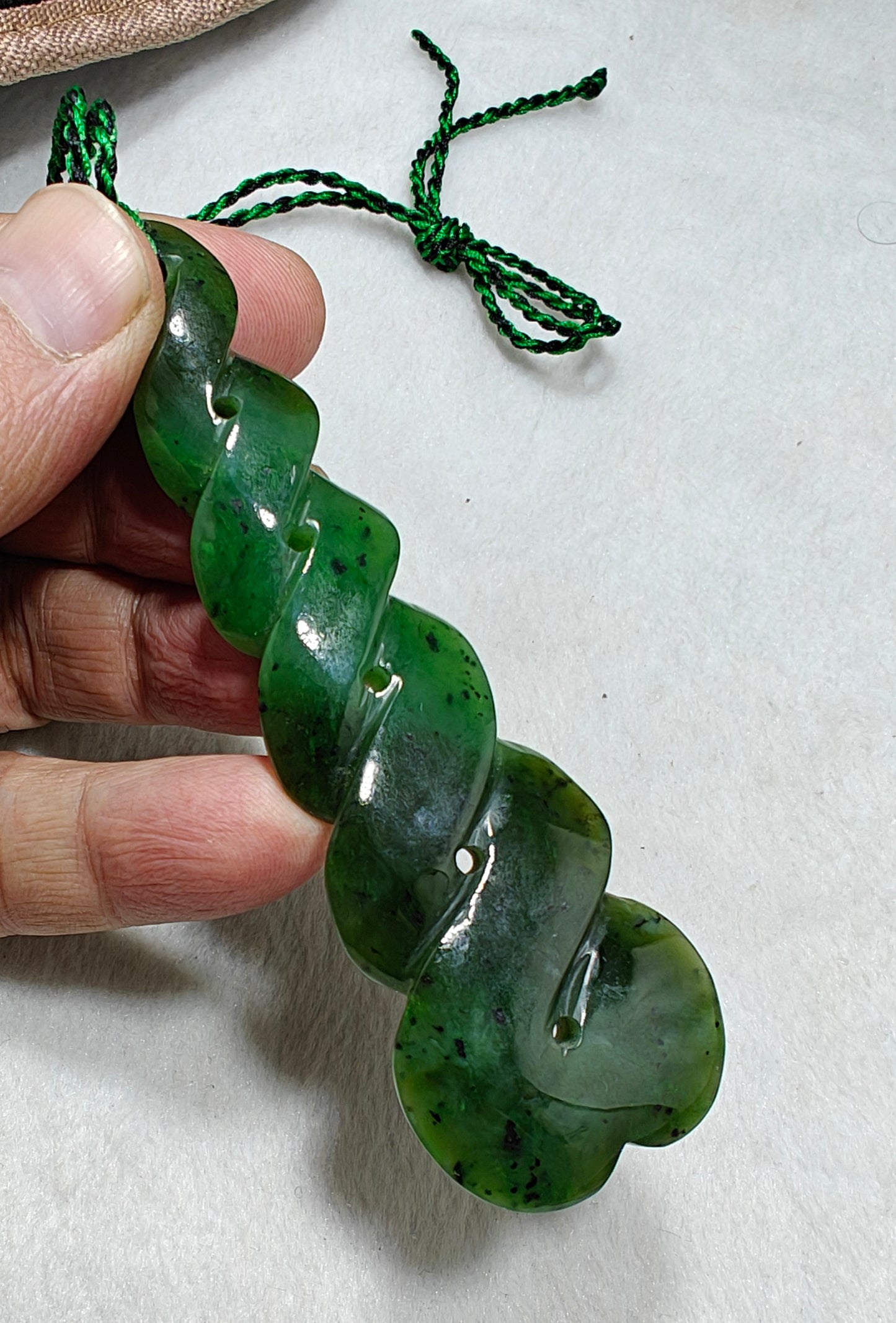 Hand carved infinity shape nephrite Jade pendant 10cm long