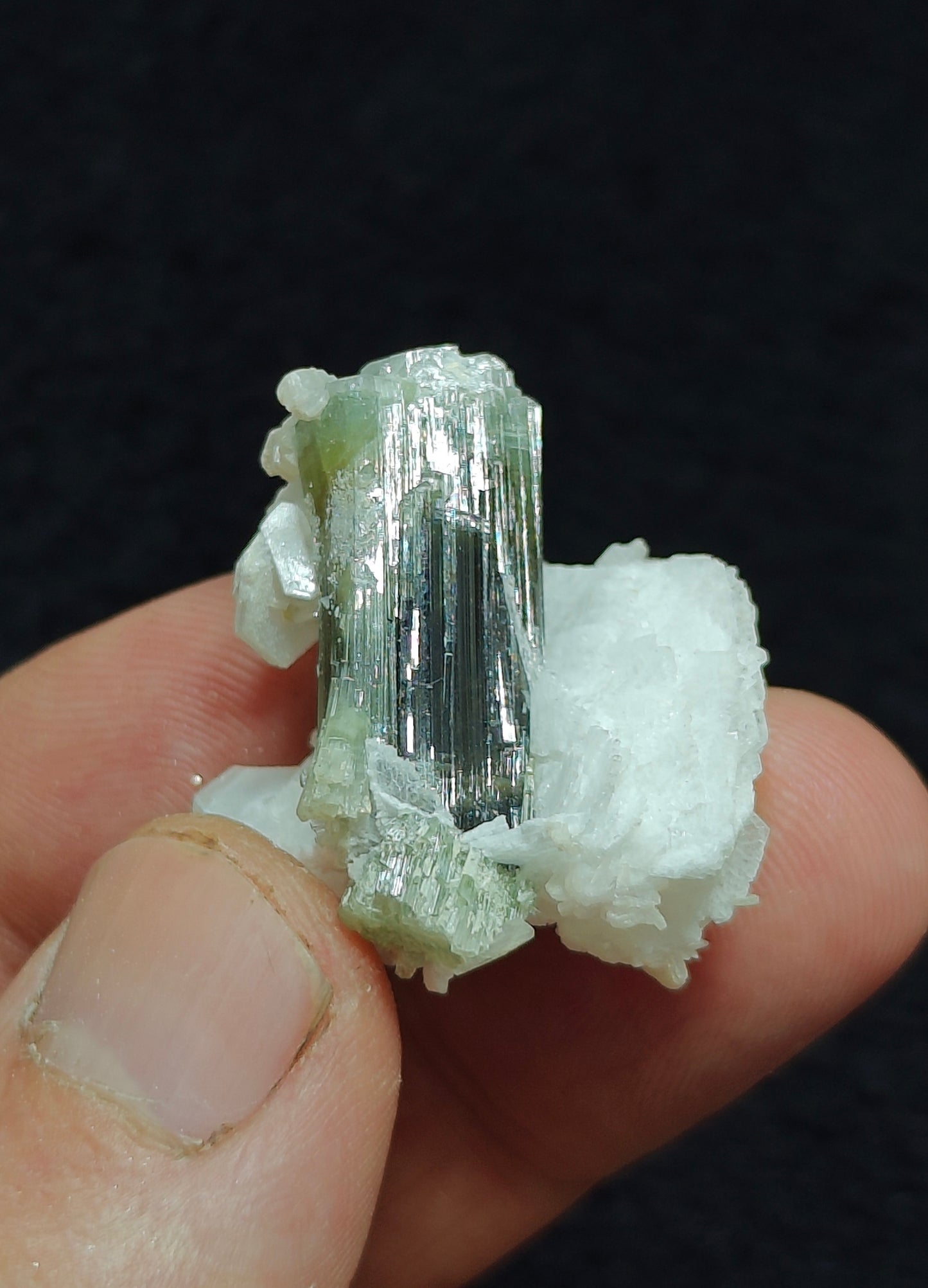 Natural dark green Tourmaline crystal and associated cleavlandite 10 grams