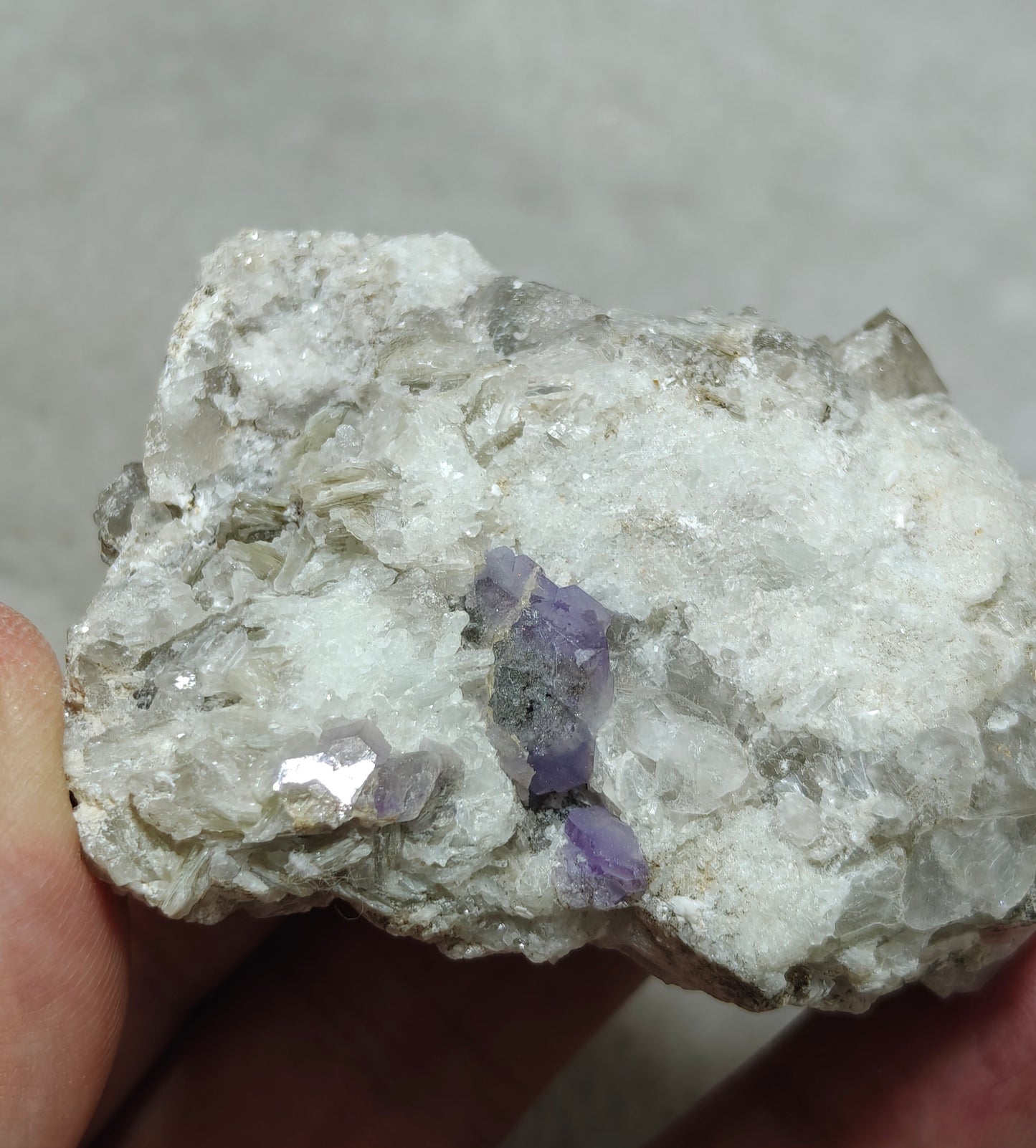 purple Apatite crystals on matrix with quartz and mica 127 grams