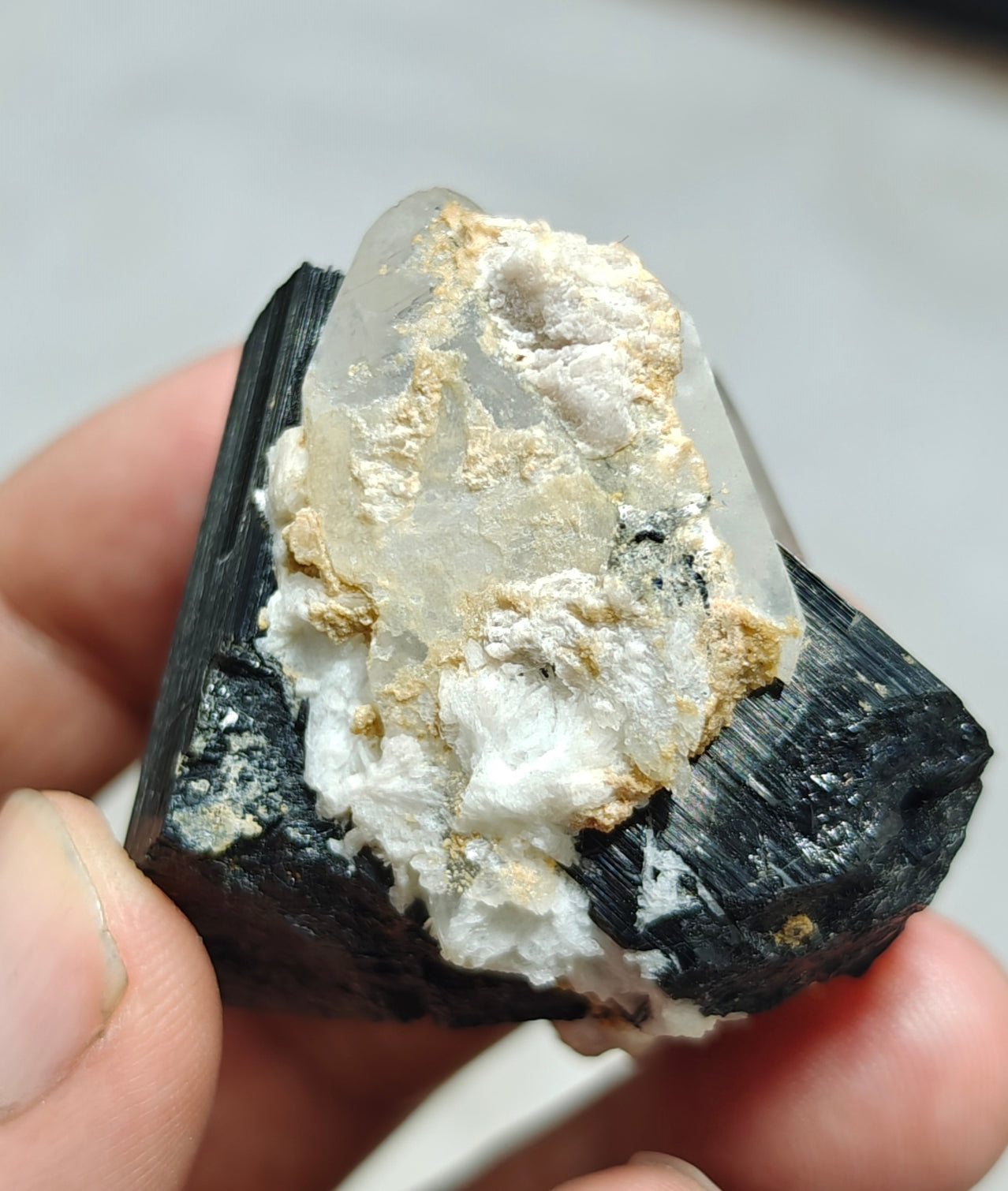 An Aesthetic Natural black Tourmaline crystal with terminated quartz crystals 85 grams