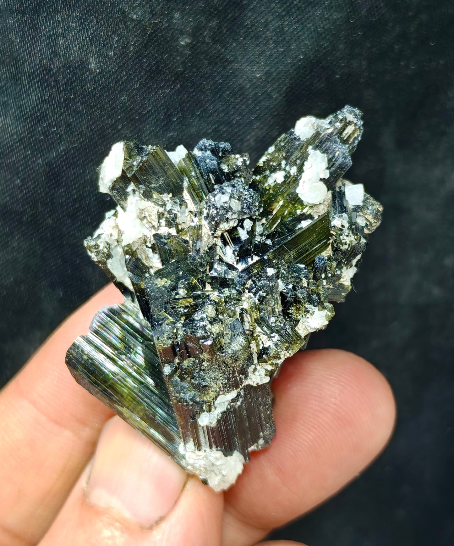 Dark green color Tourmaline crystals cluster with chatoyance effect 34 grams
