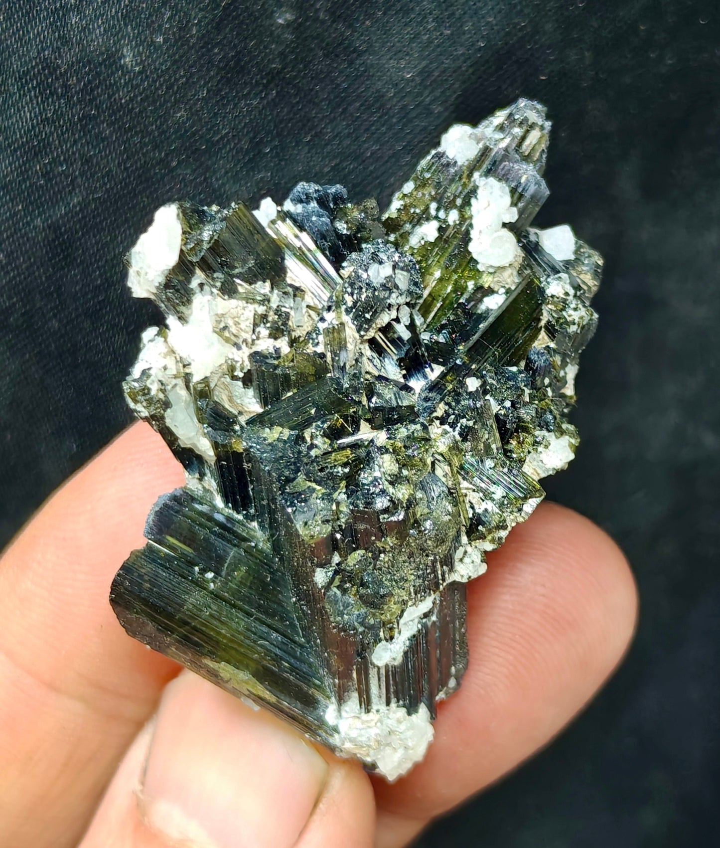 Dark green color Tourmaline crystals cluster with chatoyance effect 34 grams