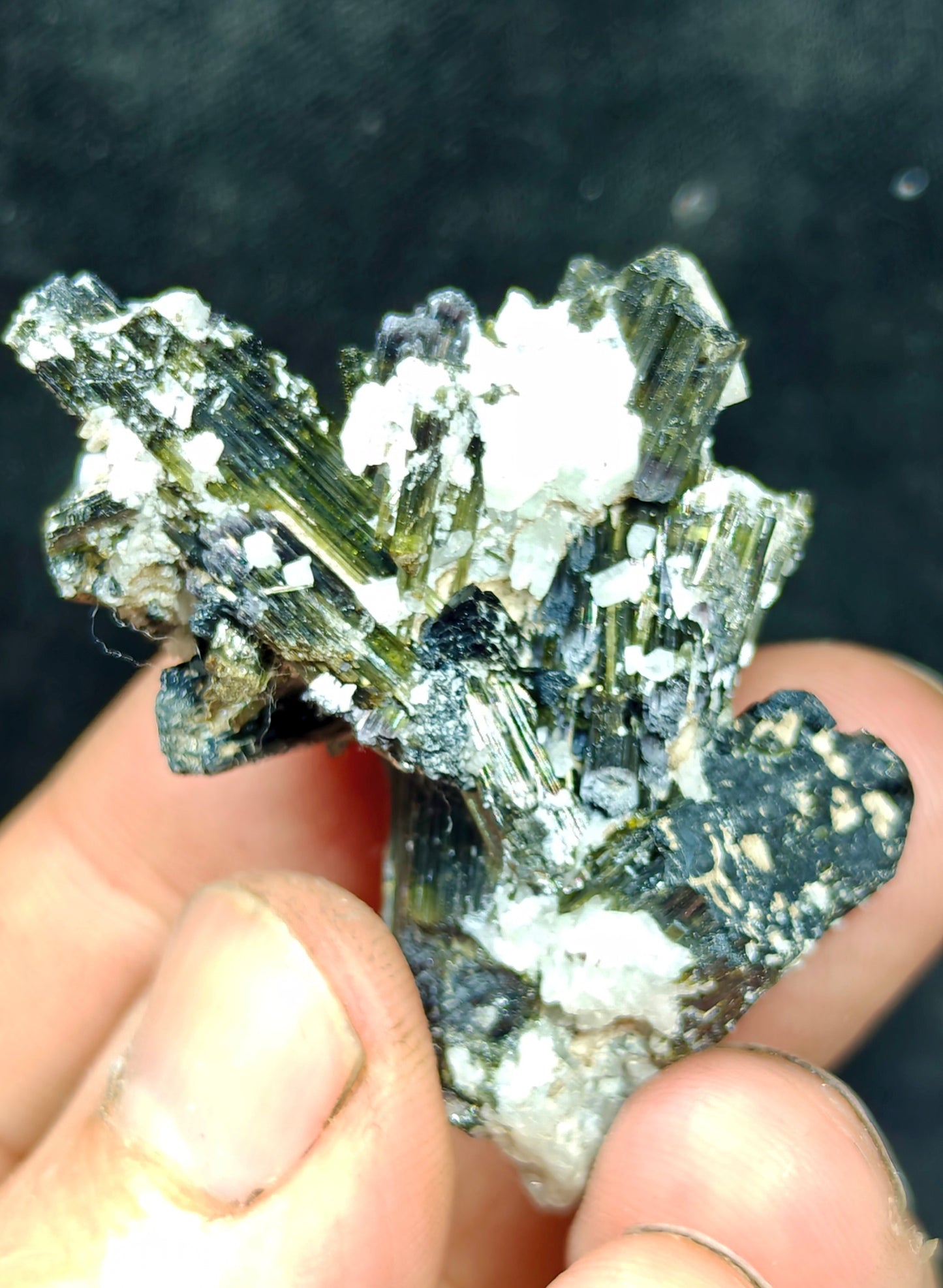 Dark green color Tourmaline crystals cluster with chatoyance effect 34 grams