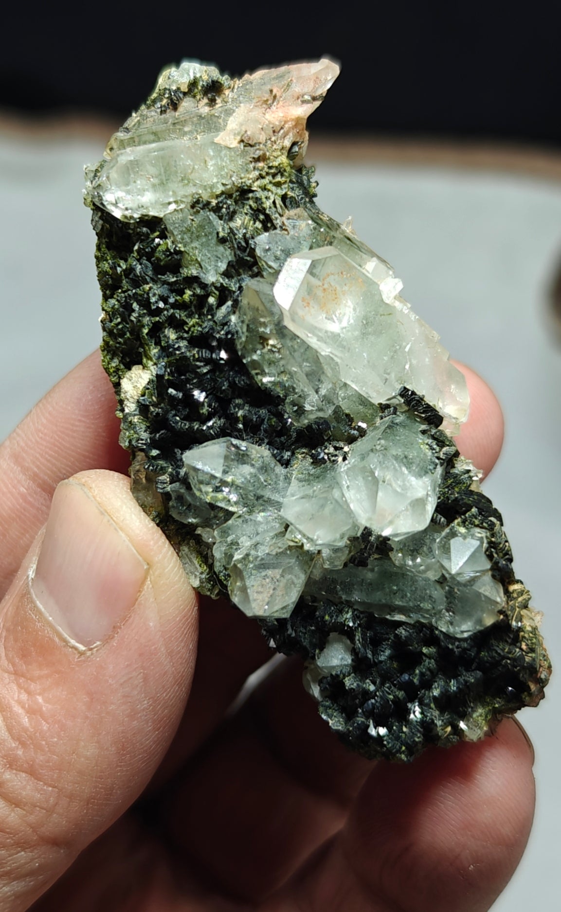 quartz and Epidote cluster with beautiful terminations 54 grams