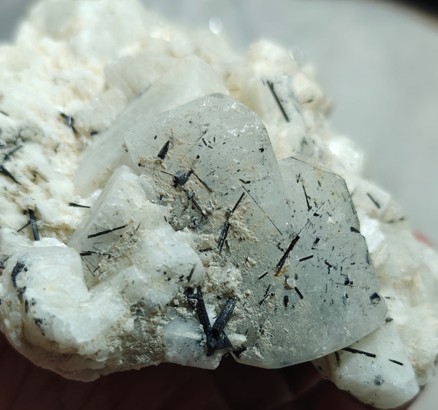 Afghanistan Aquamarine crystal specimen on matrix with feldspar and tourmalines 812 grams