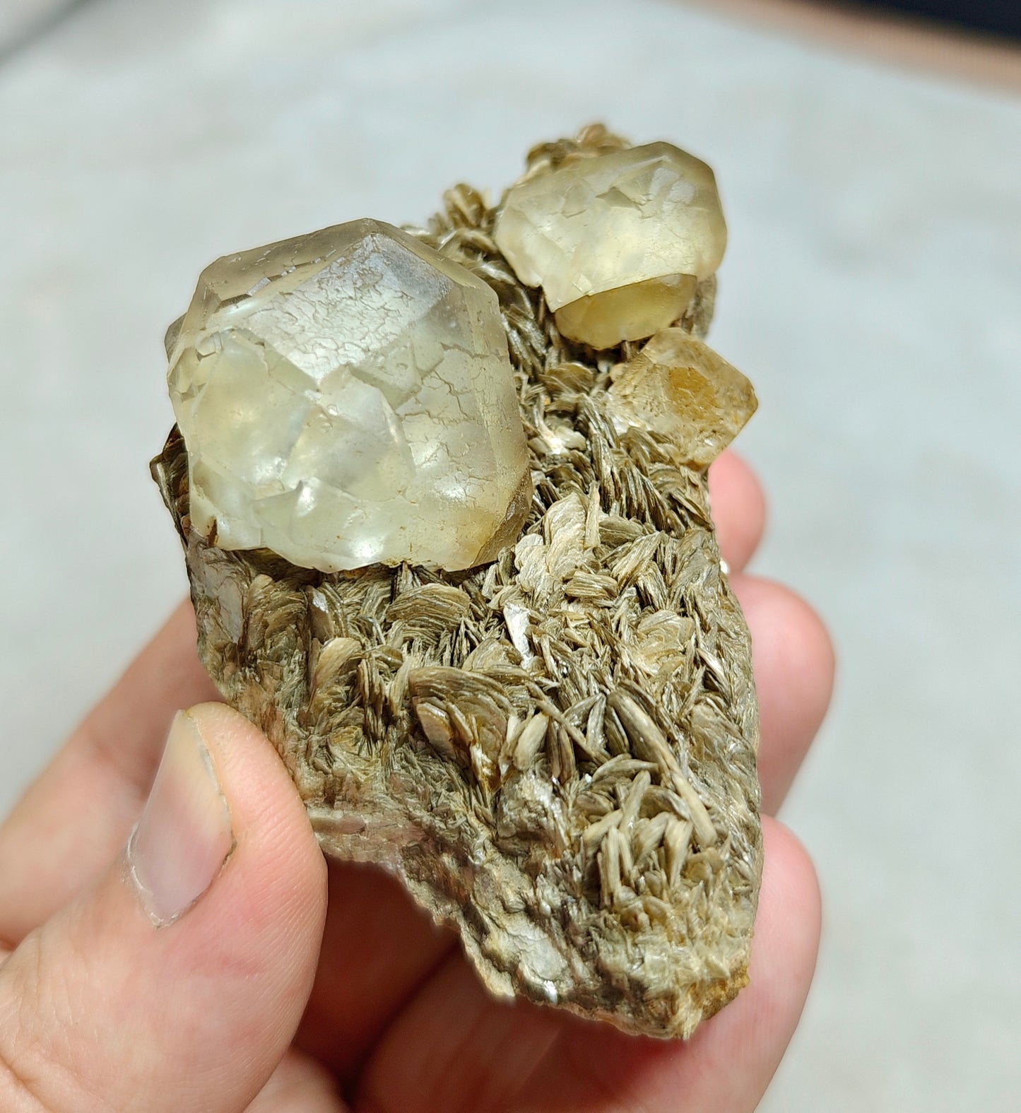 Double terminated Fluorite crystals on matrix with muscovite and goshenite 183 grams