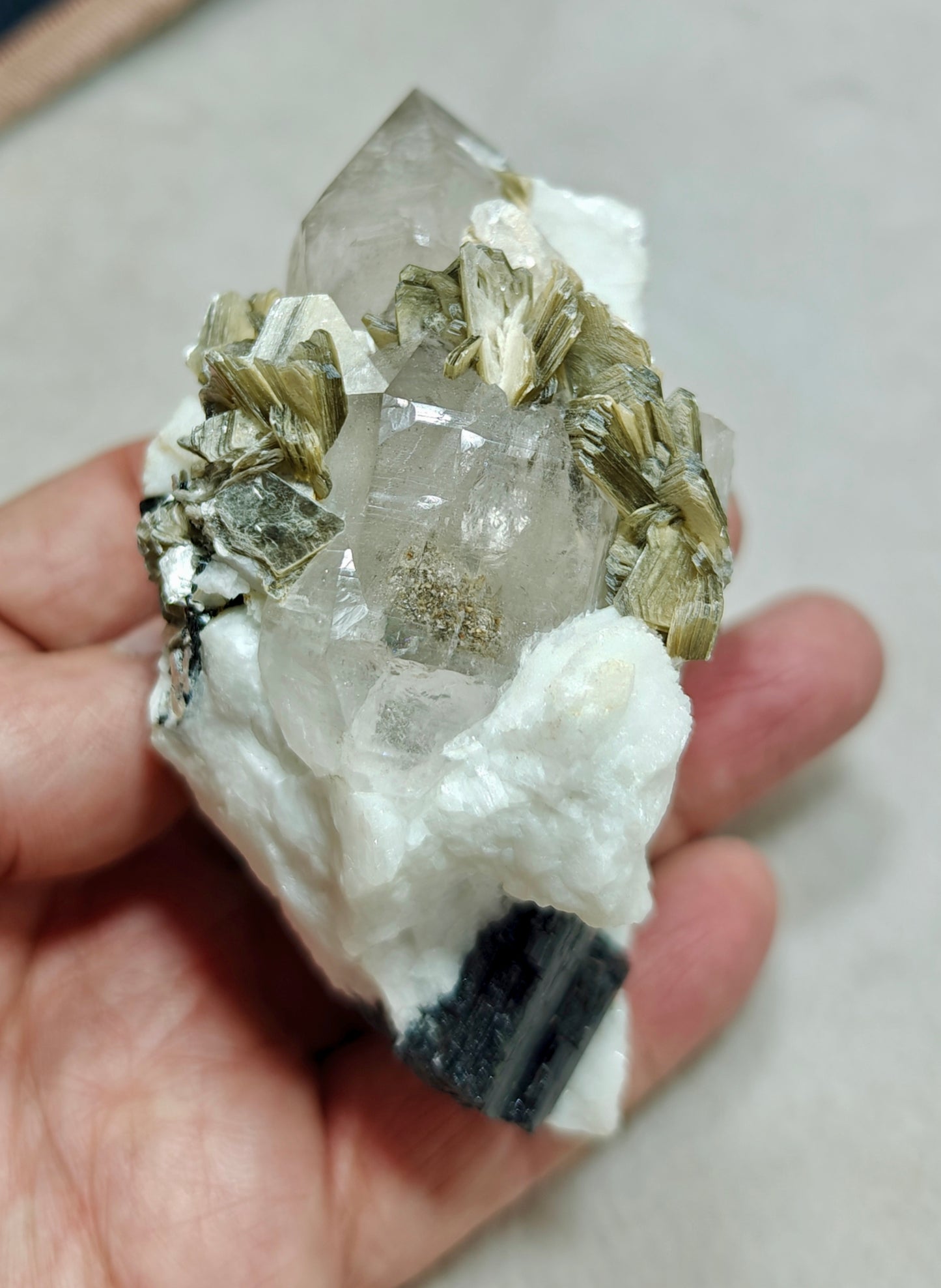 An Aesthetic Natural specimen of combination of Albite, etched Schorl, Quartz and Muscovite 268 grams