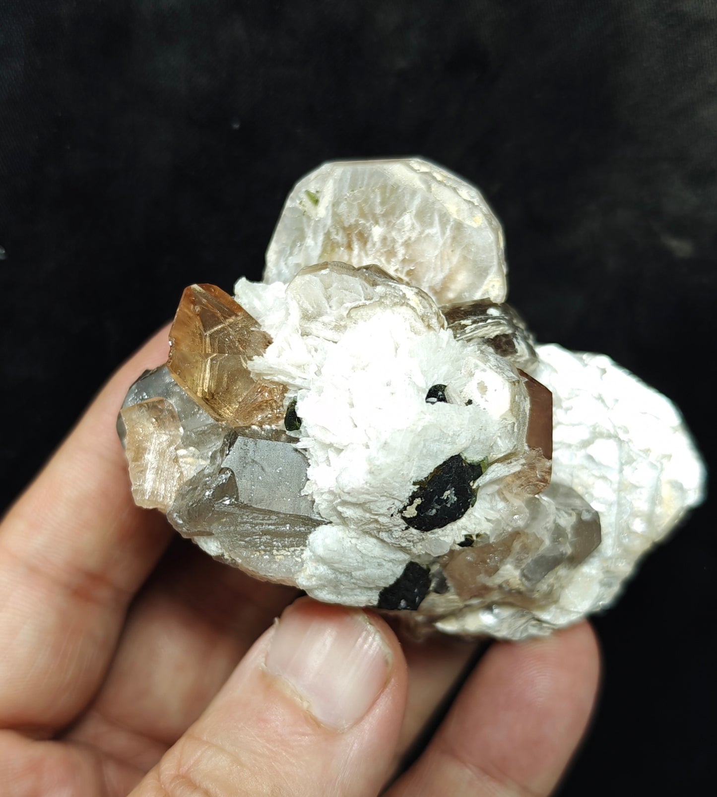 peach color Topaz crystals with quartz and tourmaline 210 grams