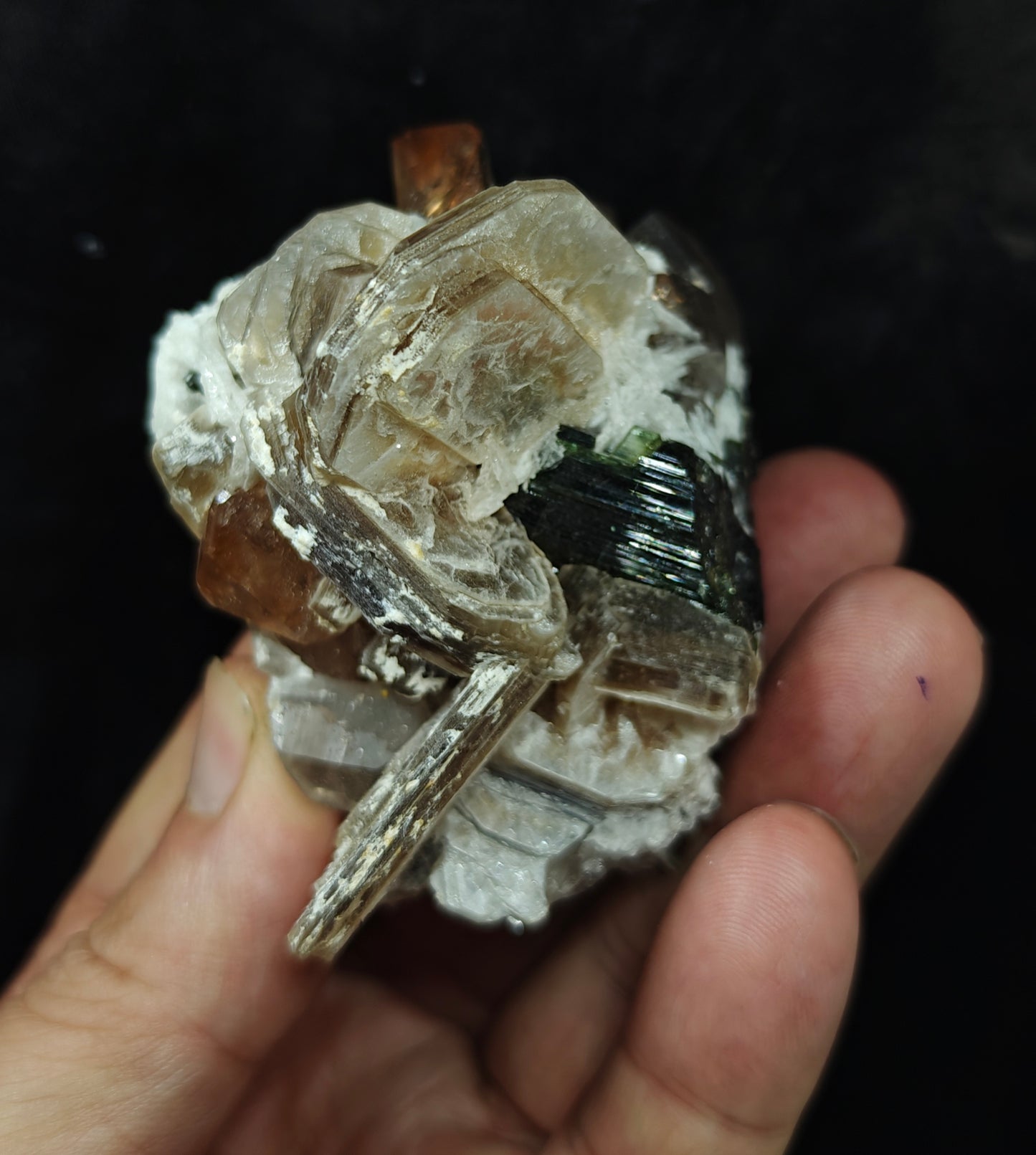 peach color Topaz crystals with quartz and tourmaline 210 grams