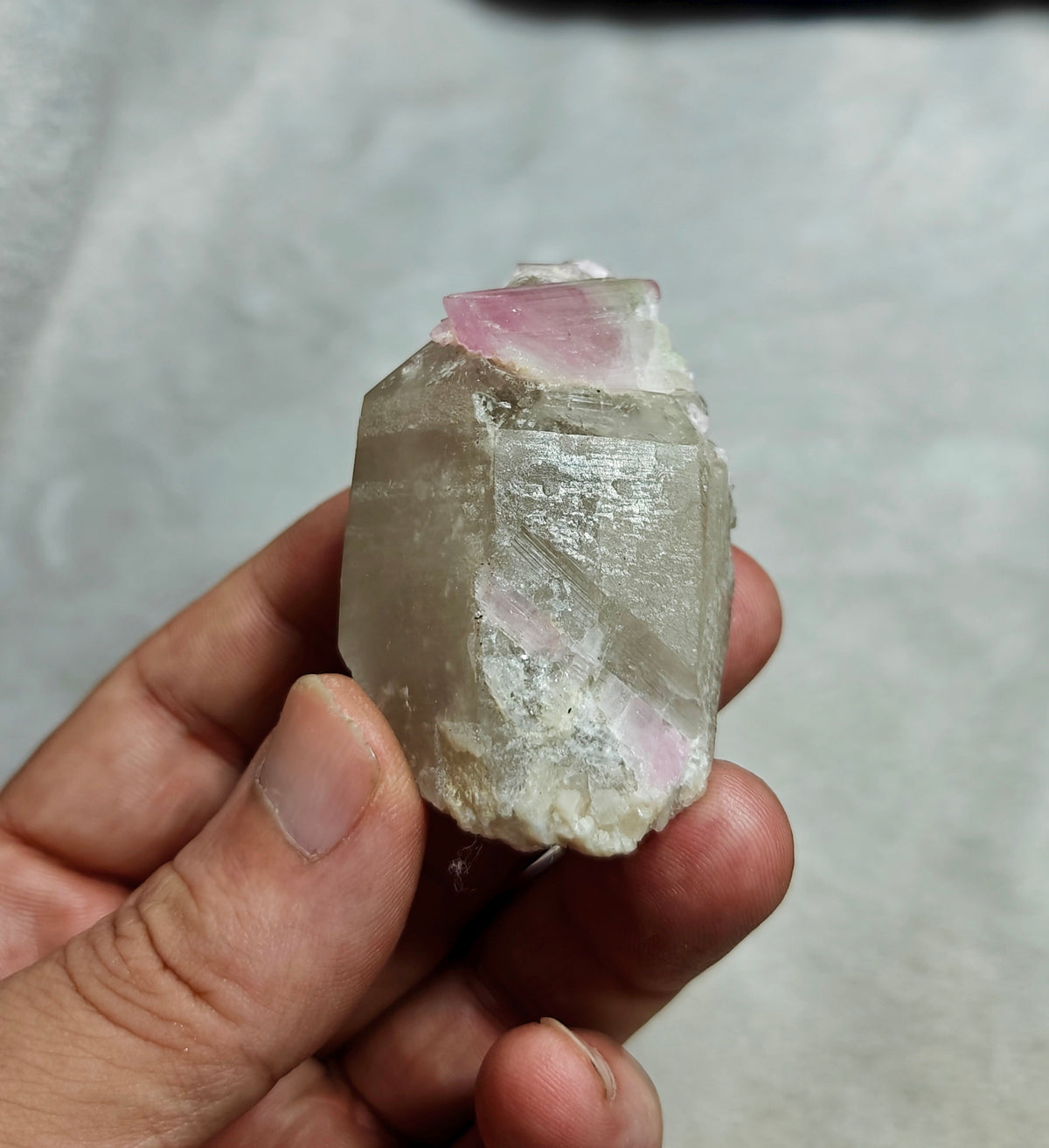Pink Tourmaline crystal on smoky quartz 80g