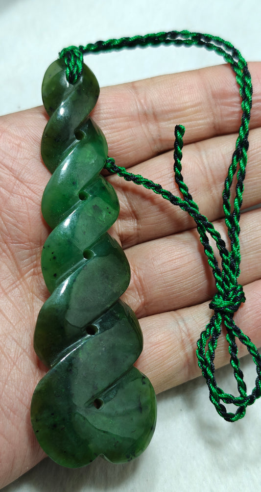 Hand carved infinity shape nephrite Jade pendant 10cm long