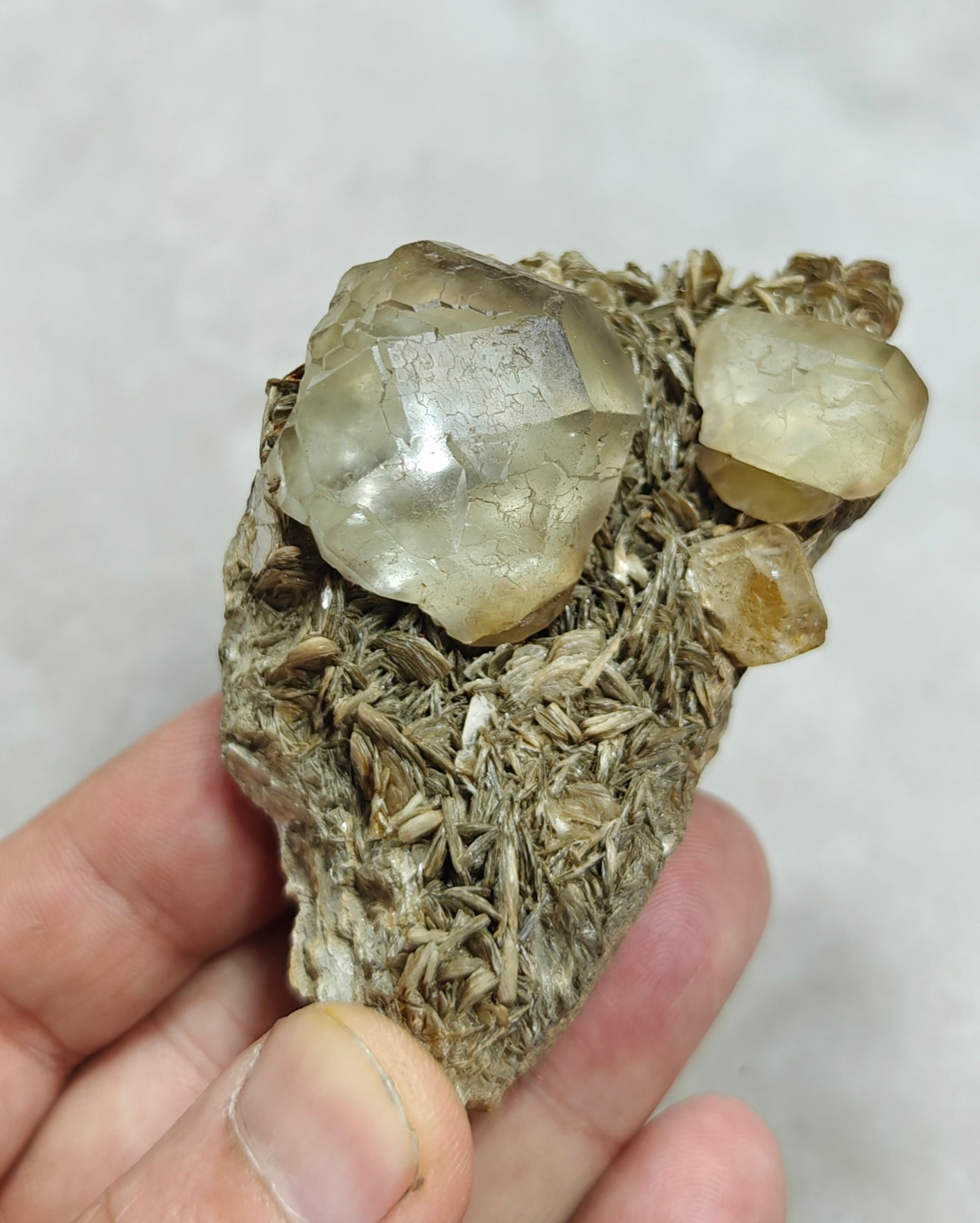 Double terminated Fluorite crystals on matrix with muscovite and goshenite 183 grams