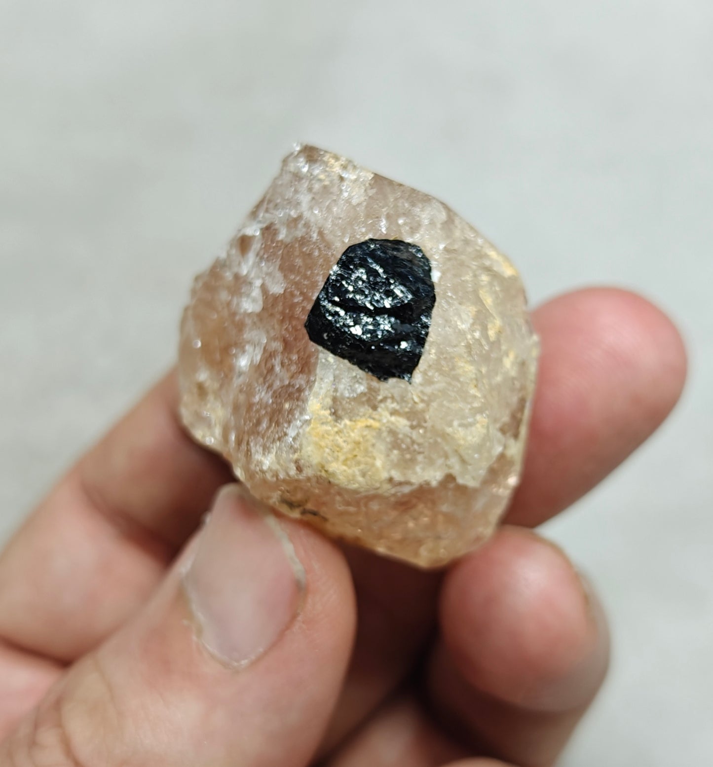 Peach color Topaz crystal with Tourmaline 68 grams