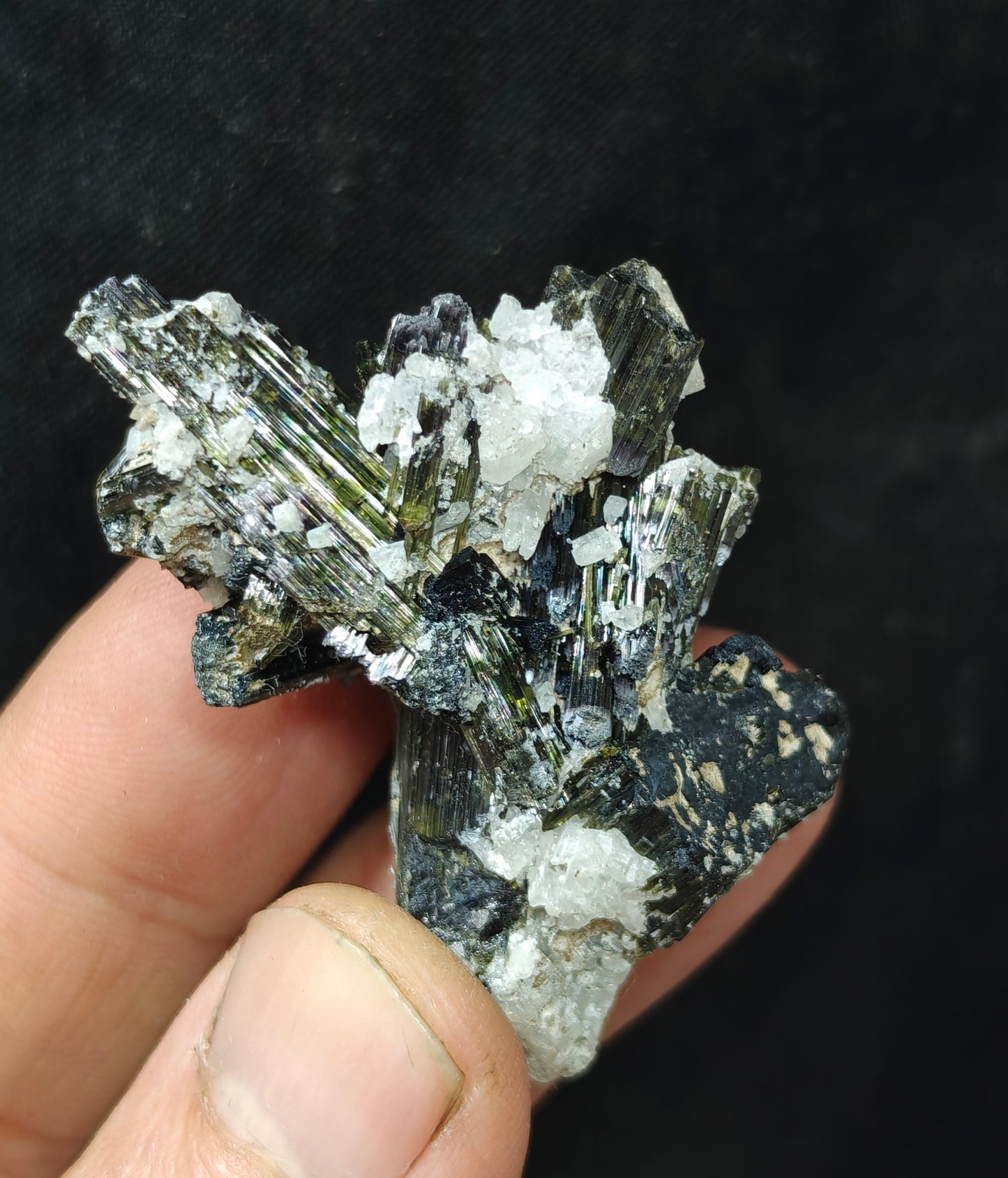 Dark green color Tourmaline crystals cluster with chatoyance effect 34 grams