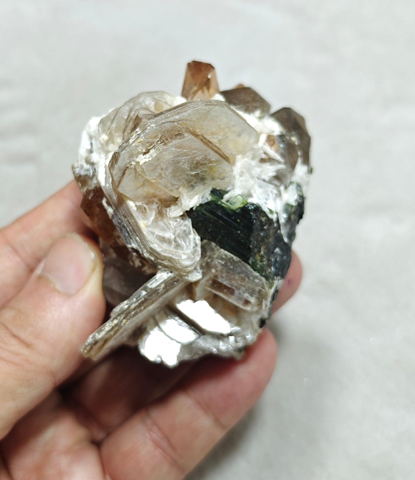 peach color Topaz crystals with quartz and tourmaline 210 grams