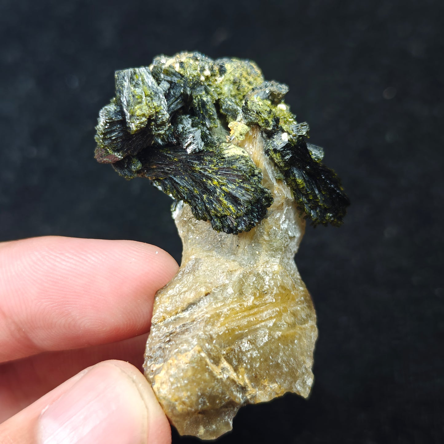 Natural epidote cluster on matrix of calcite 36 grams