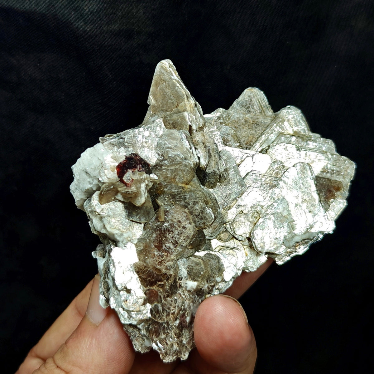 Natural spessartine garnet embedded in muscovite with albite 152 grams