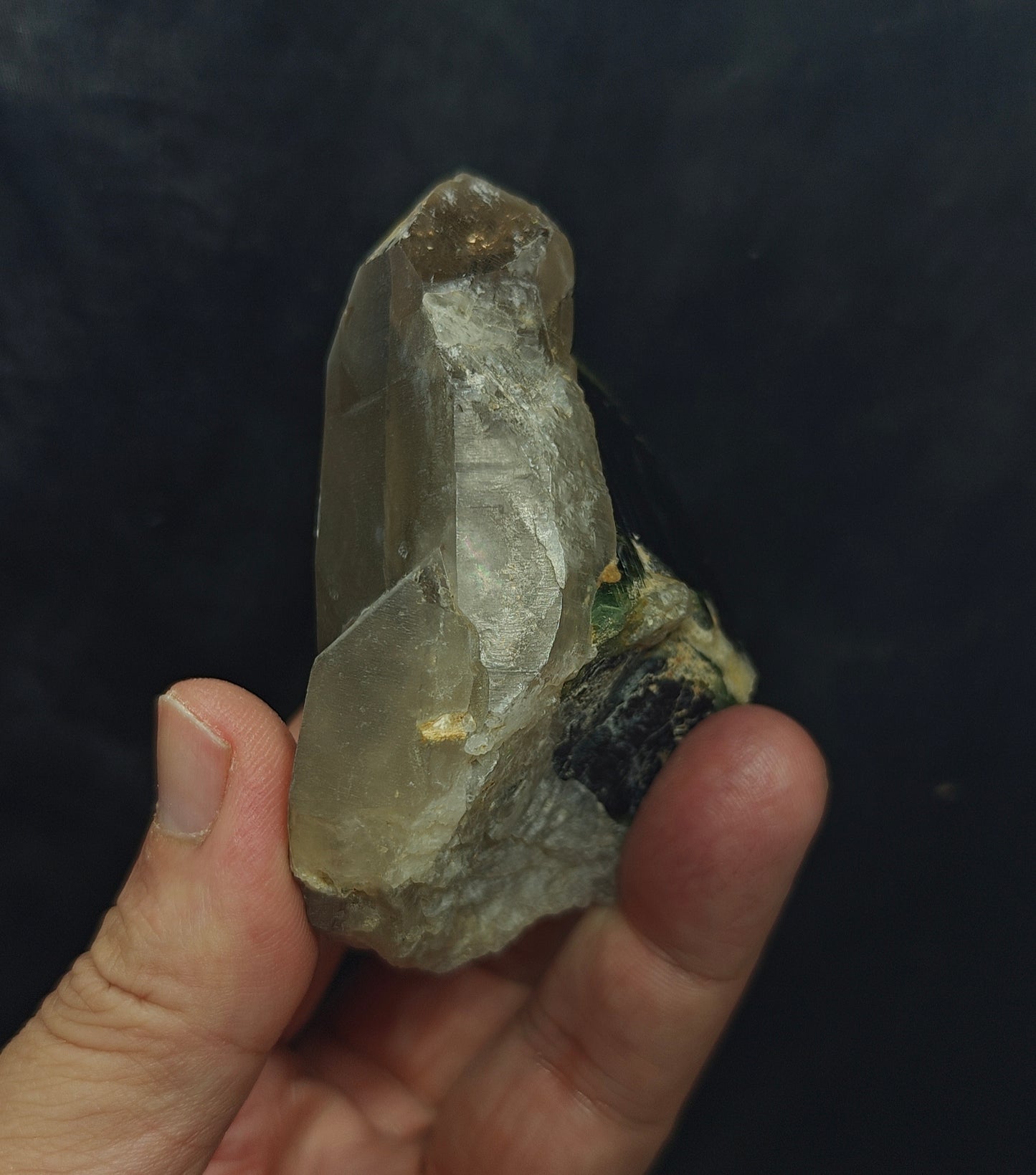 Natural greencap black/green Tourmaline crystal with smoky quartz 212 grams