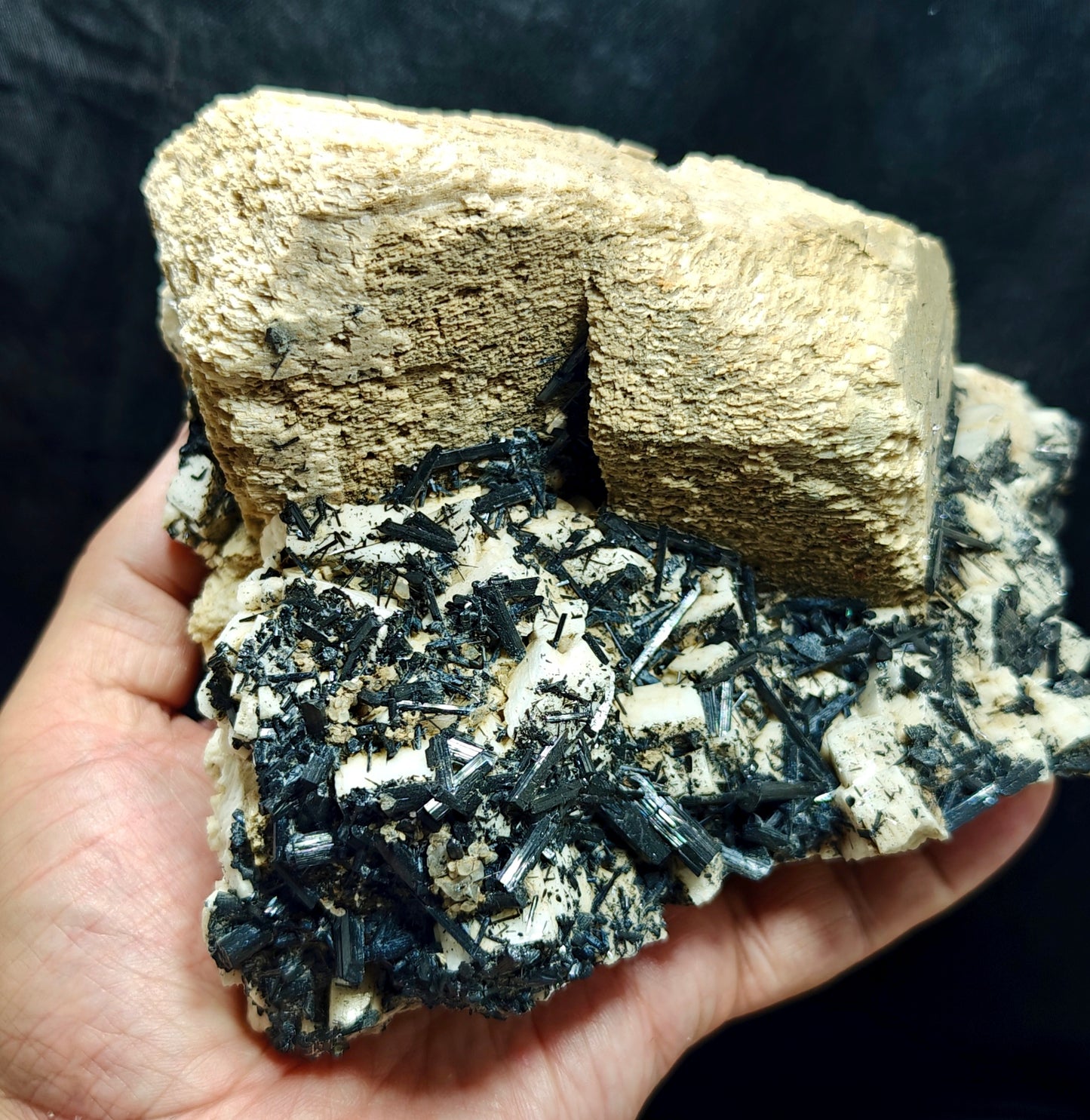 Etched feldspar with Black Tourmaline Crystal Cluster 880 grams